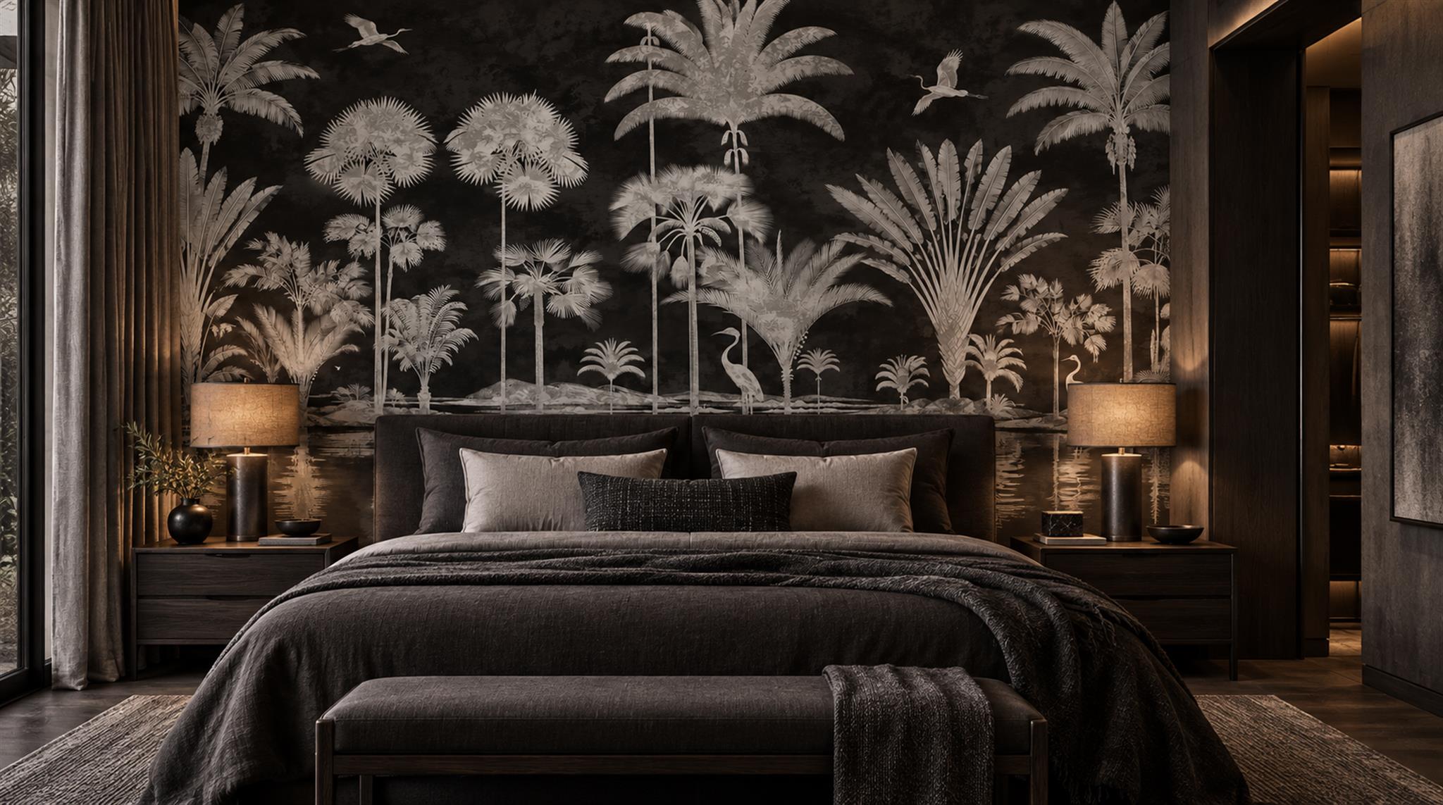 Red And Neutral Leaf Patterning Layered Wallpaper Mural Bedroom-wallpaper-murals, Peel-and-stick Finish