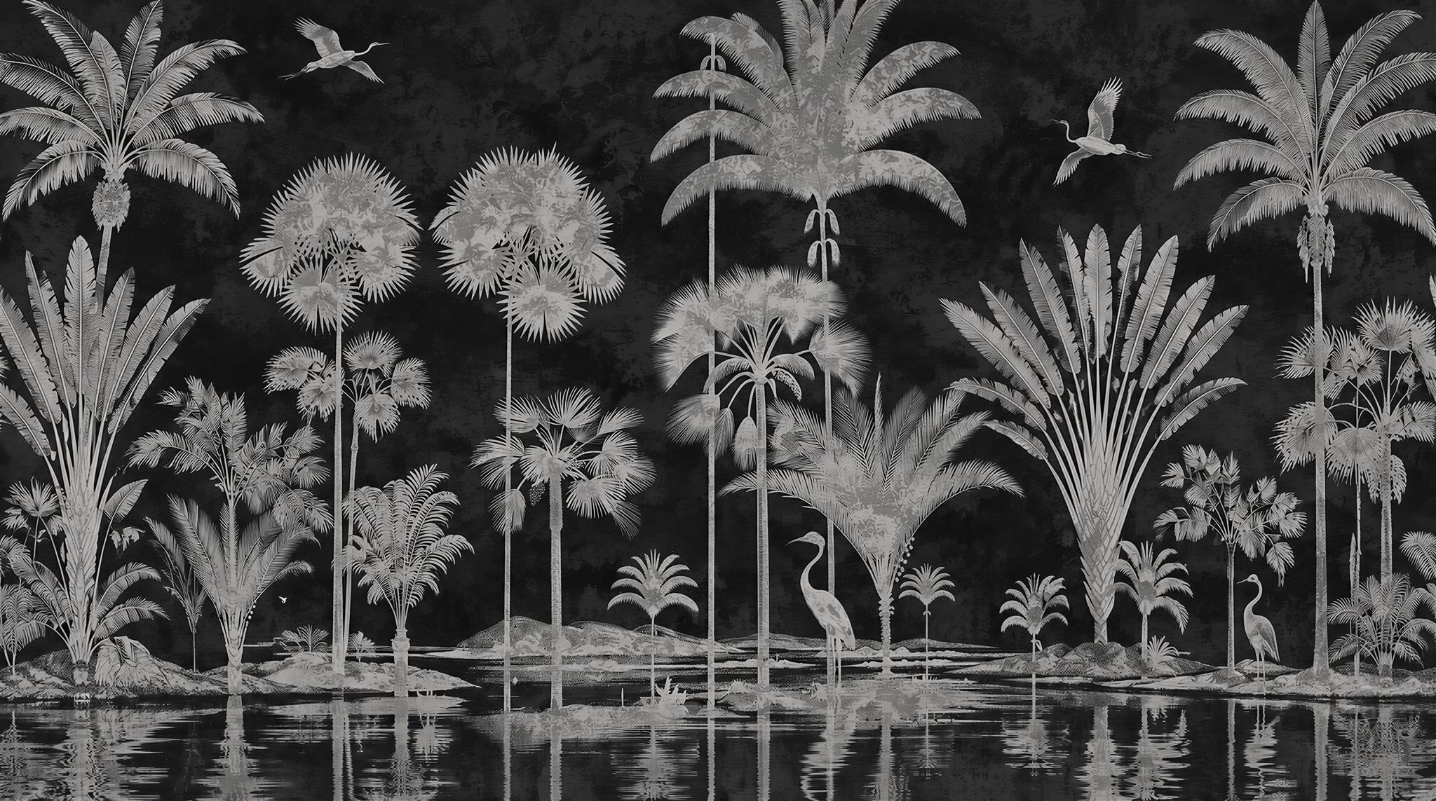 Monochrome Tropical Pond Foliage Wallpaper Mural — Wallpaper Mural Design, Peel-and-stick Finish