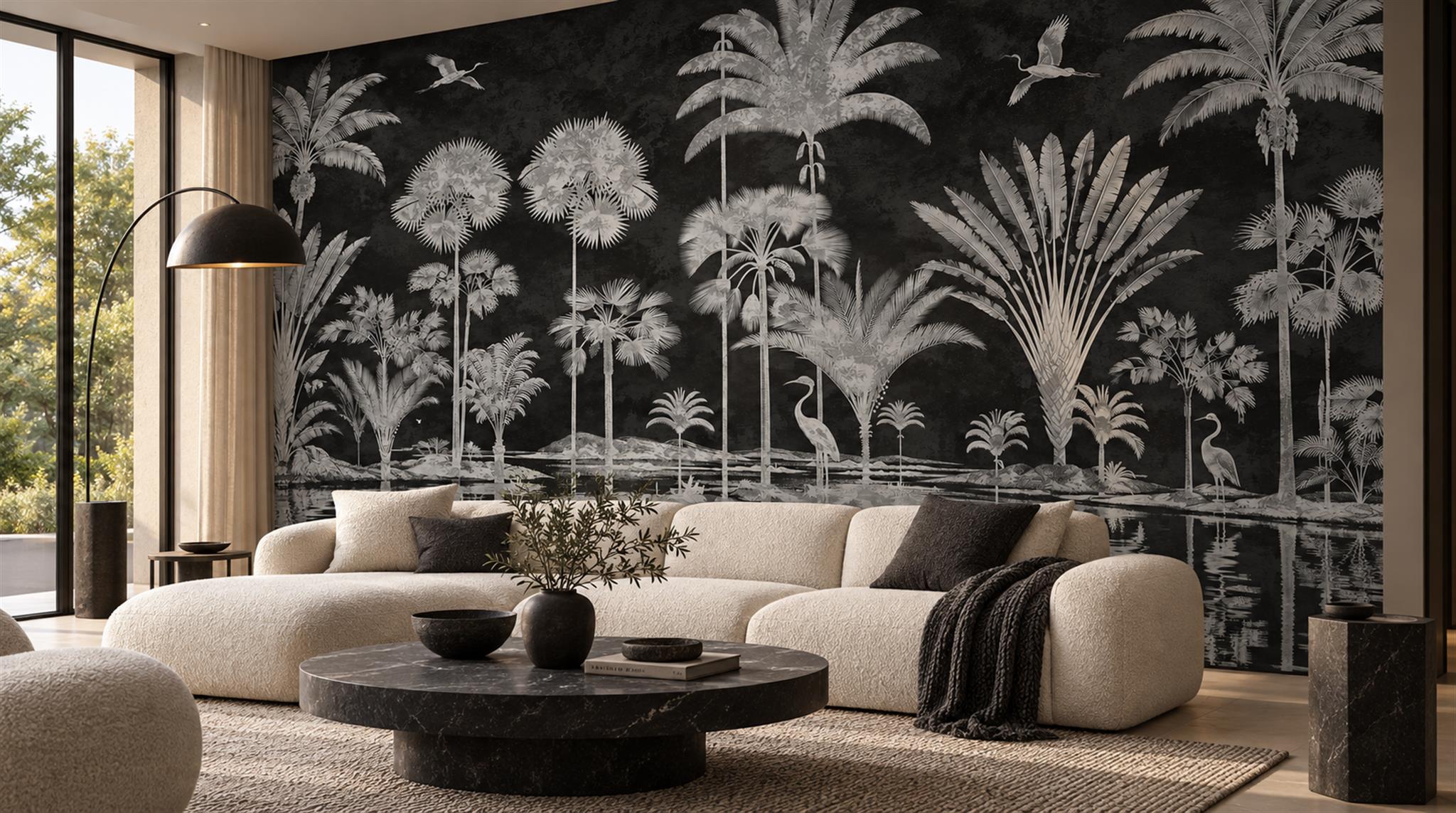 Red And Neutral Leaf Patterning Layered Wallpaper Mural Living-room-wallpaper-murals, Peel-and-stick Finish