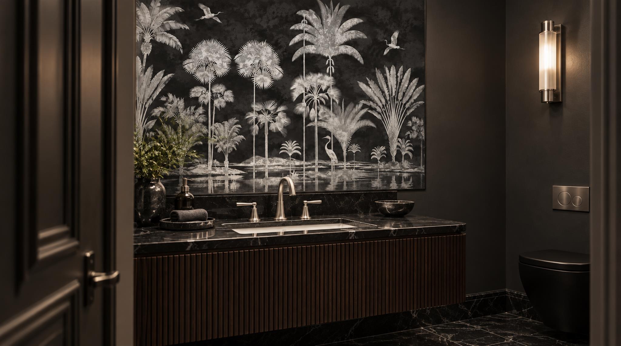 Red And Neutral Leaf Patterning Layered Wallpaper Mural Powder-room-wallpaper-murals, Peel-and-stick Finish