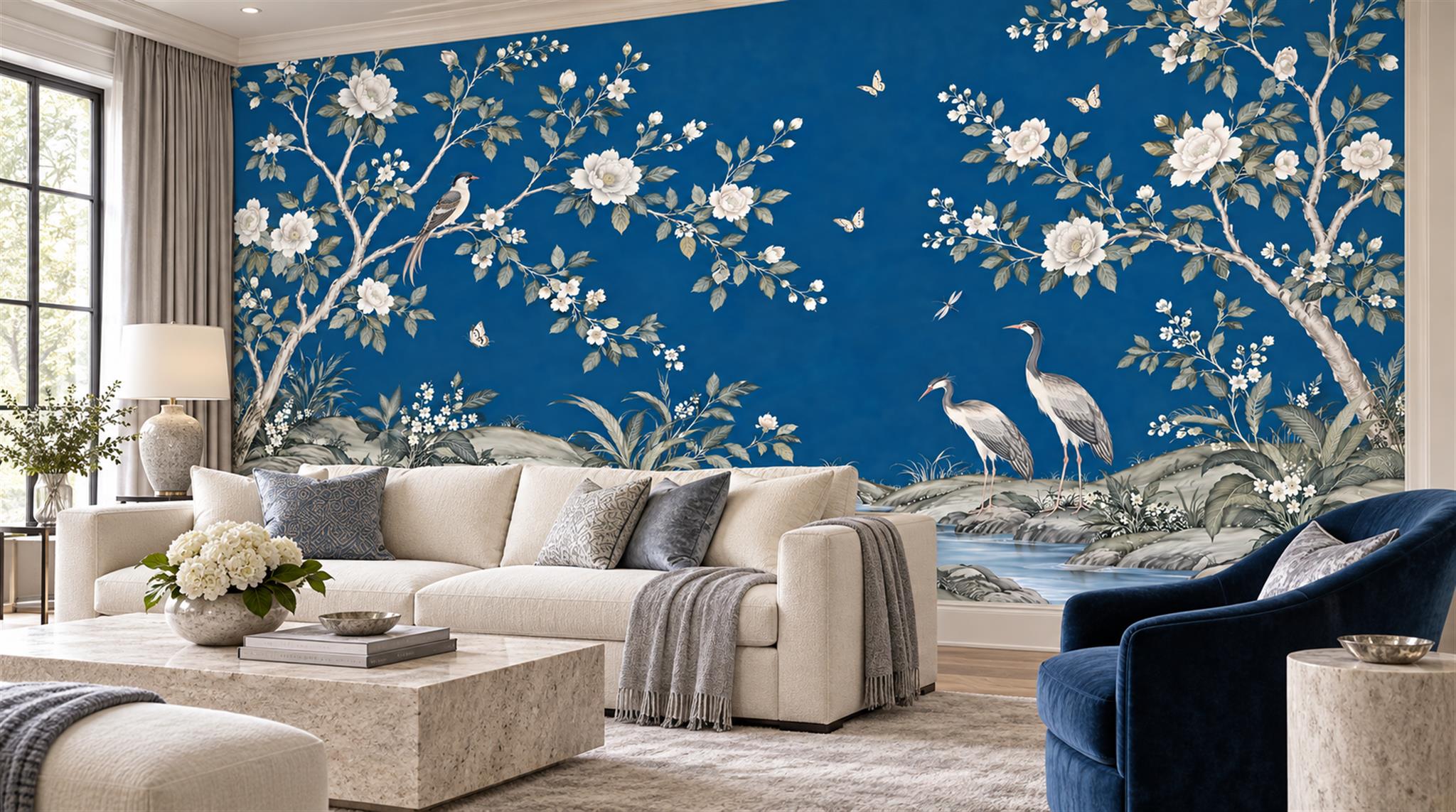 Red And Blue Decorative Patterning Textured Wallpaper Mural Living-room-wallpaper-murals, Shown In A Living Room, Peel-and-stick Finish