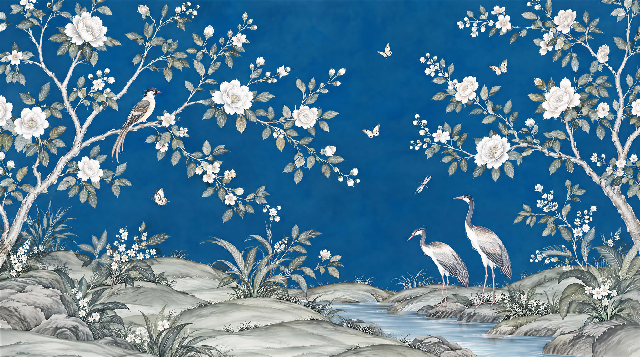 White Blossom Trees And Herons On Blue Wallpaper Mural — Wallpaper Mural Design, Peel-and-stick Finish