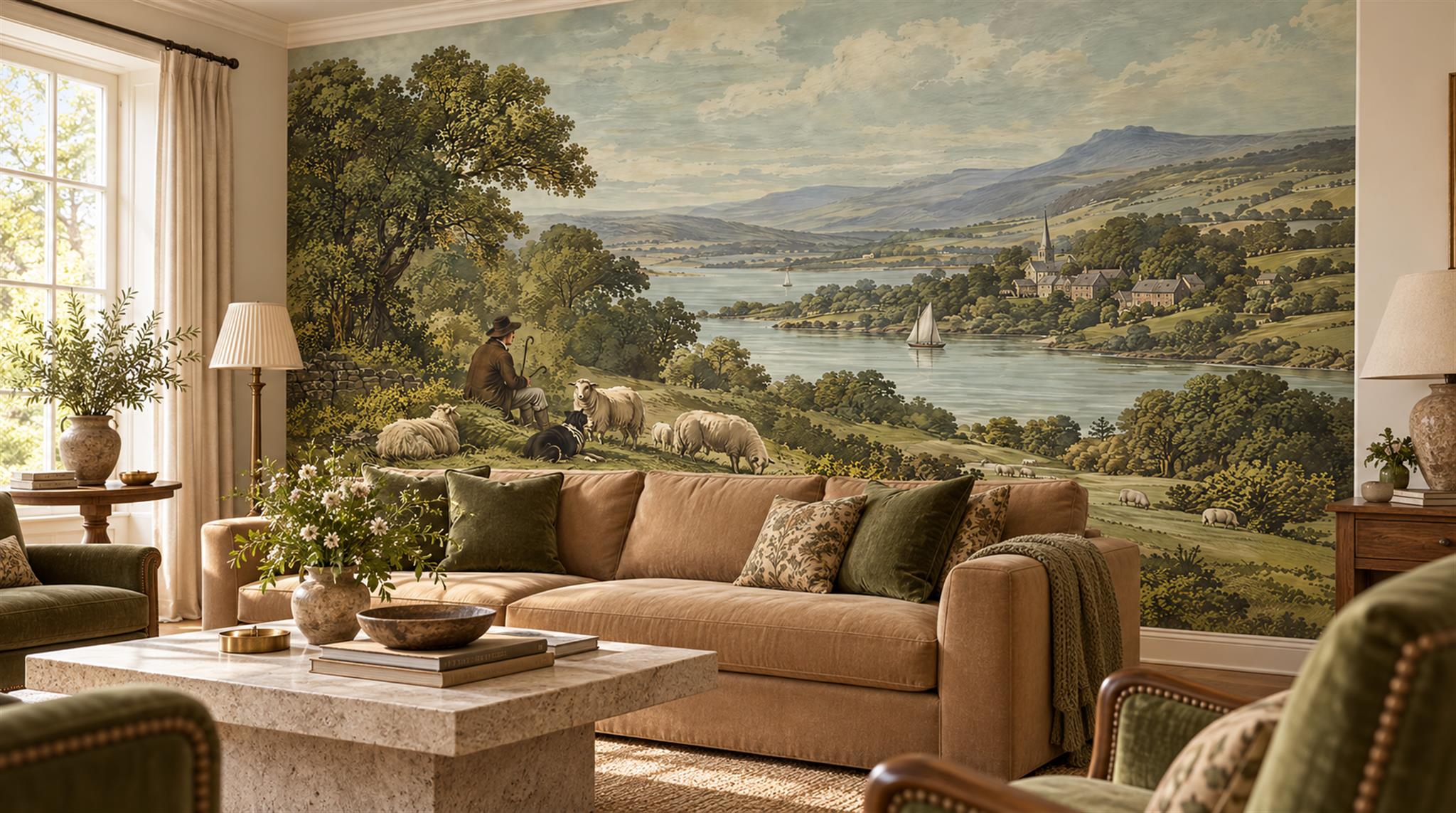 Red And Olive A Painterly Scenic View Layered Wallpaper Living-room-wallpaper-murals, Shown In A Living Room, Peel-and-stick Finish