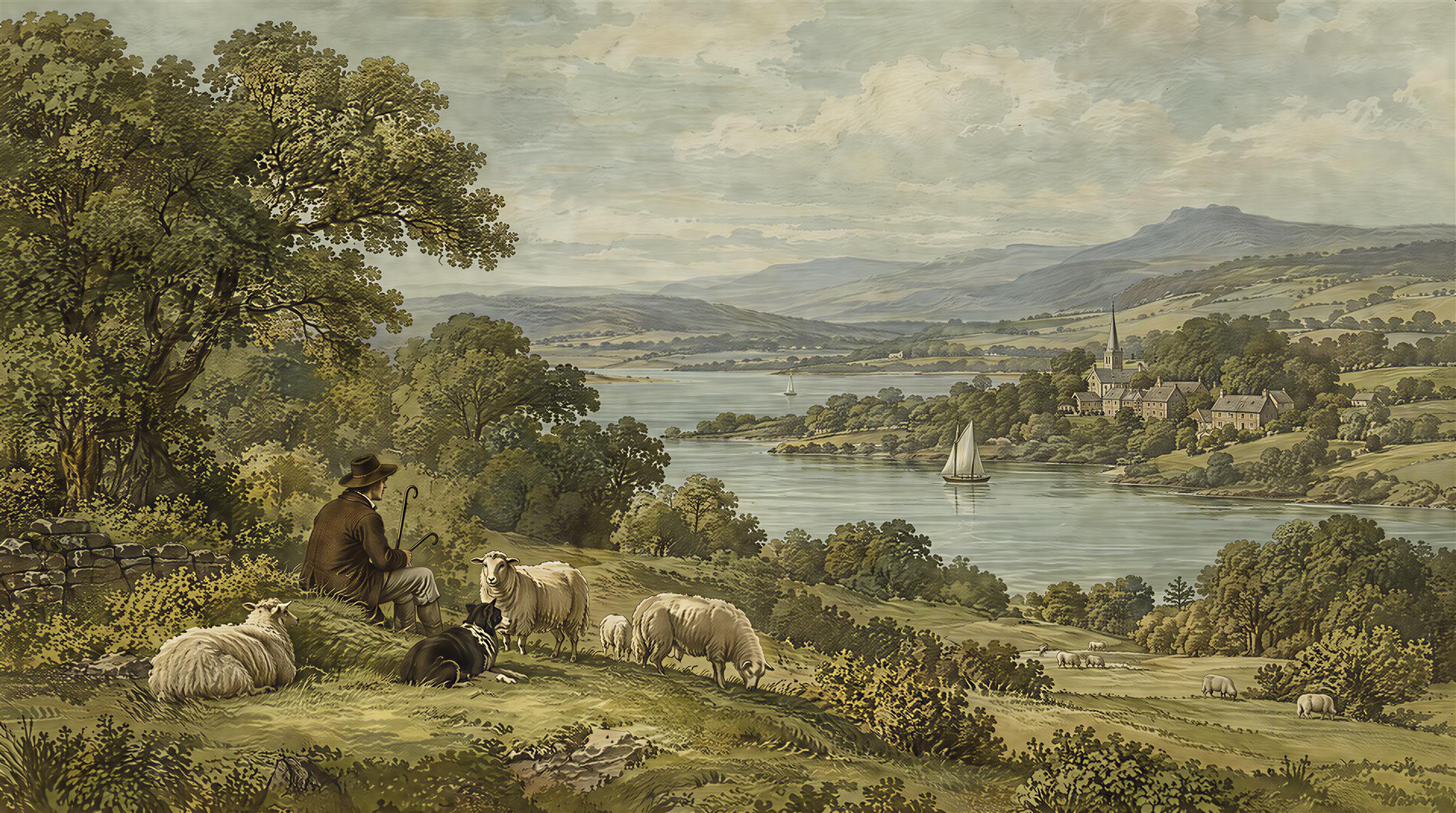 Shepherd And Sheep Beside A Lakeside Village Wallpaper Mural — Wallpaper Mural Design, Peel-and-stick Finish
