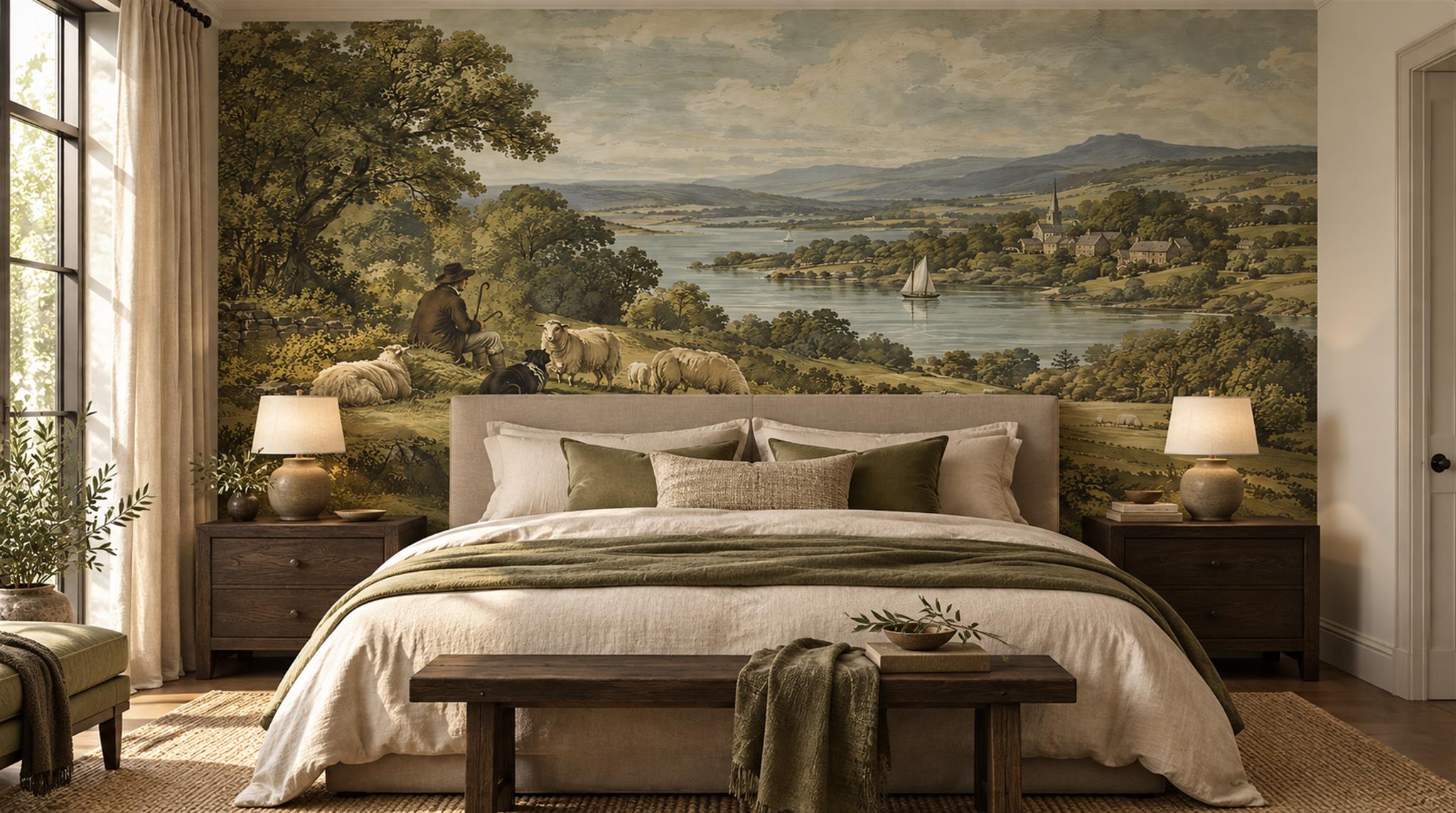 Red And Olive A Painterly Scenic View Layered Wallpaper Bedroom-wallpaper-murals, Peel-and-stick Finish