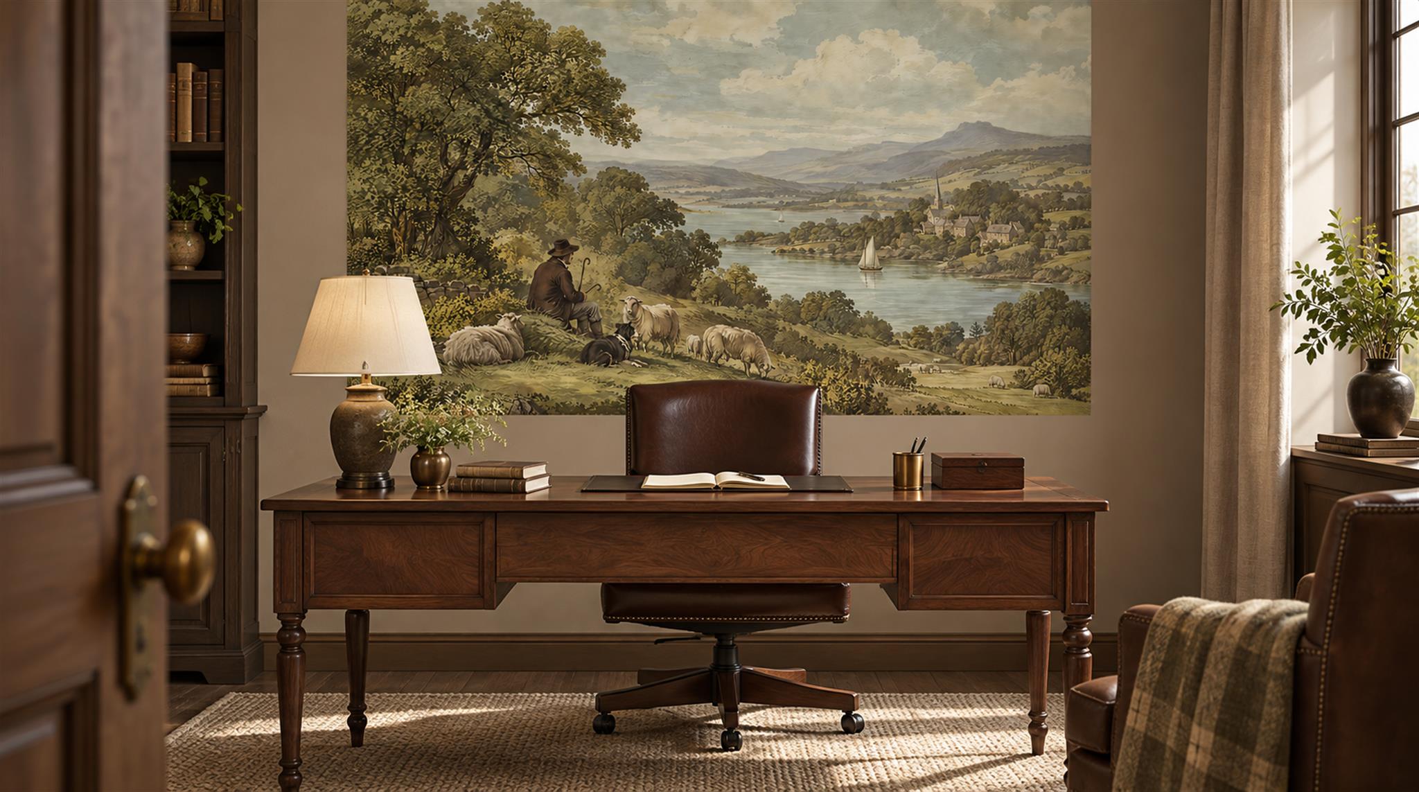 Red And Olive A Painterly Scenic View Layered Wallpaper Office-wallpaper-murals, Shown In A Home Office, Peel-and-stick Finish