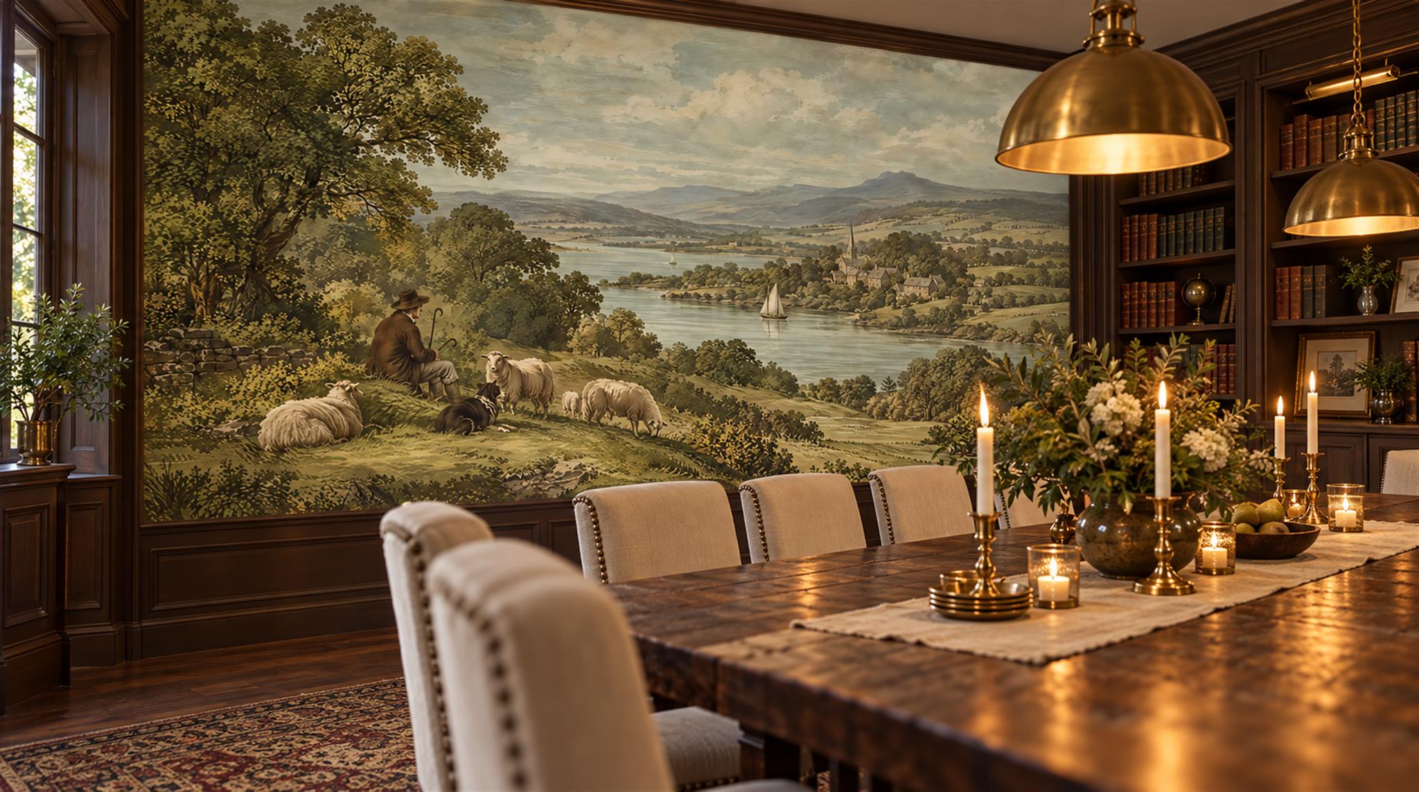 Red And Olive A Painterly Scenic View Layered Wallpaper Library-wallpaper-murals, Peel-and-stick Finish
