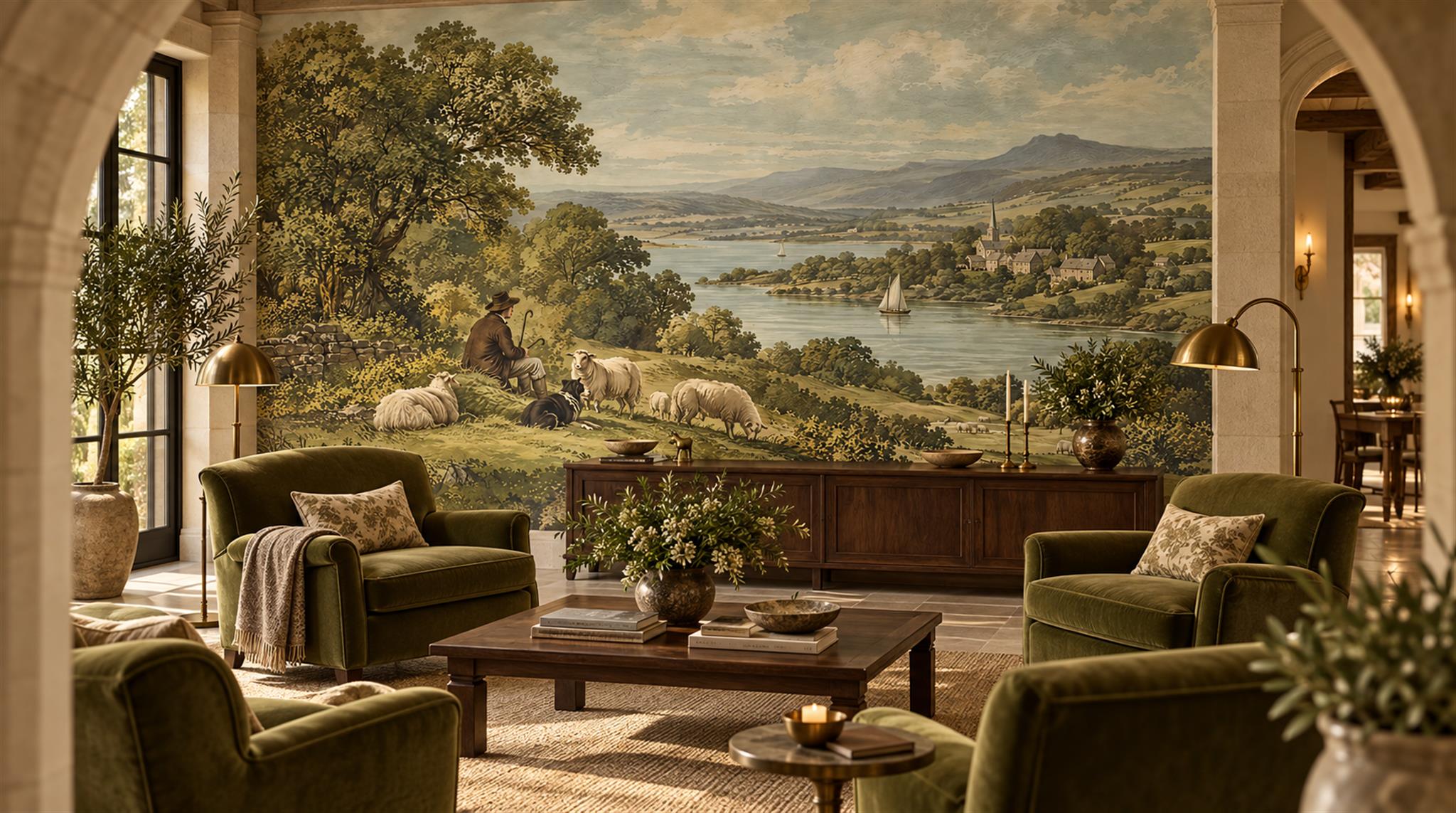 Red And Olive A Painterly Scenic View Layered Wallpaper Accent-wall-wallpaper-murals, Peel-and-stick Finish