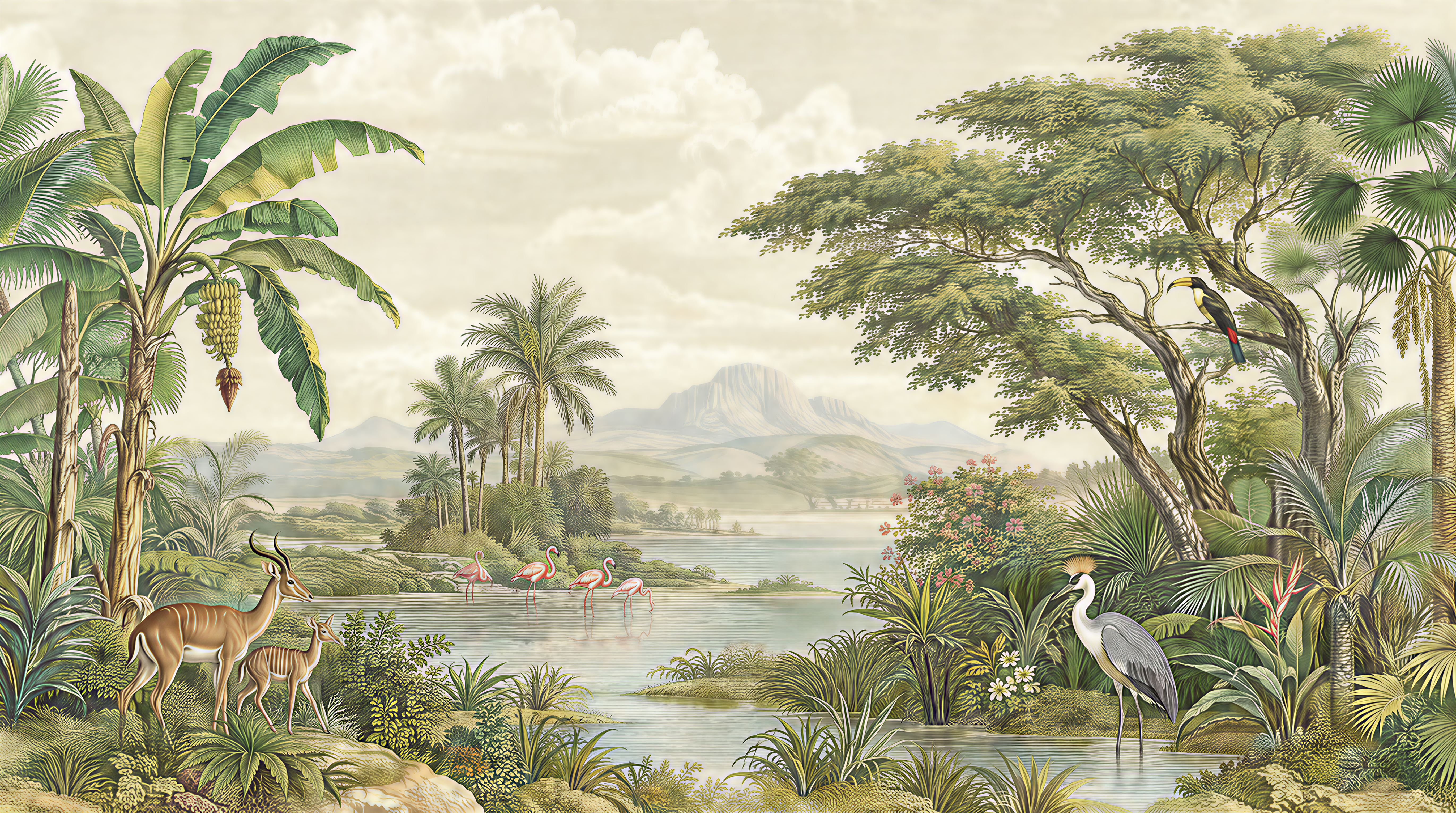 Red And Sage Green Tropical Foliage Wallpaper Mural, Peel-and-stick Finish