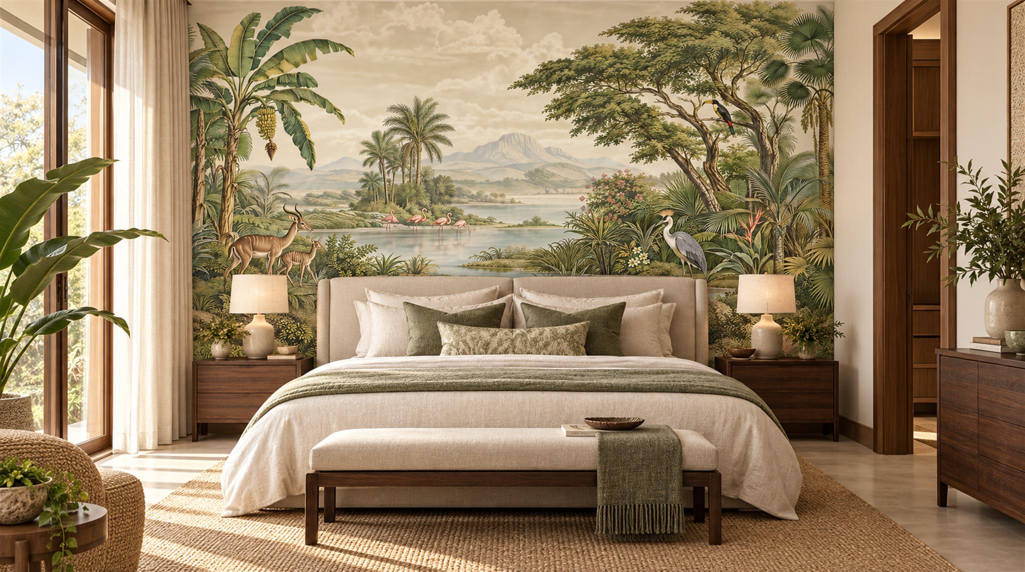 Red And Sage Green Tropical Foliage Wallpaper Mural Bedroom-wallpaper-murals, Peel-and-stick Finish