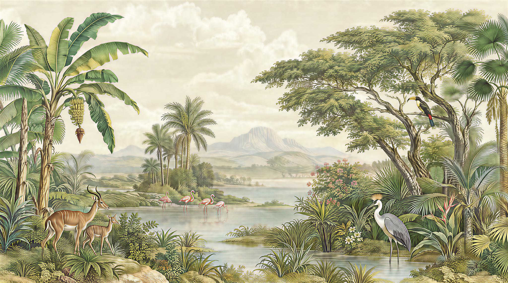 Tropical Lagoon With Palms And Wading Bird Wallpaper Mural — Wallpaper Mural Design, Peel-and-stick Finish