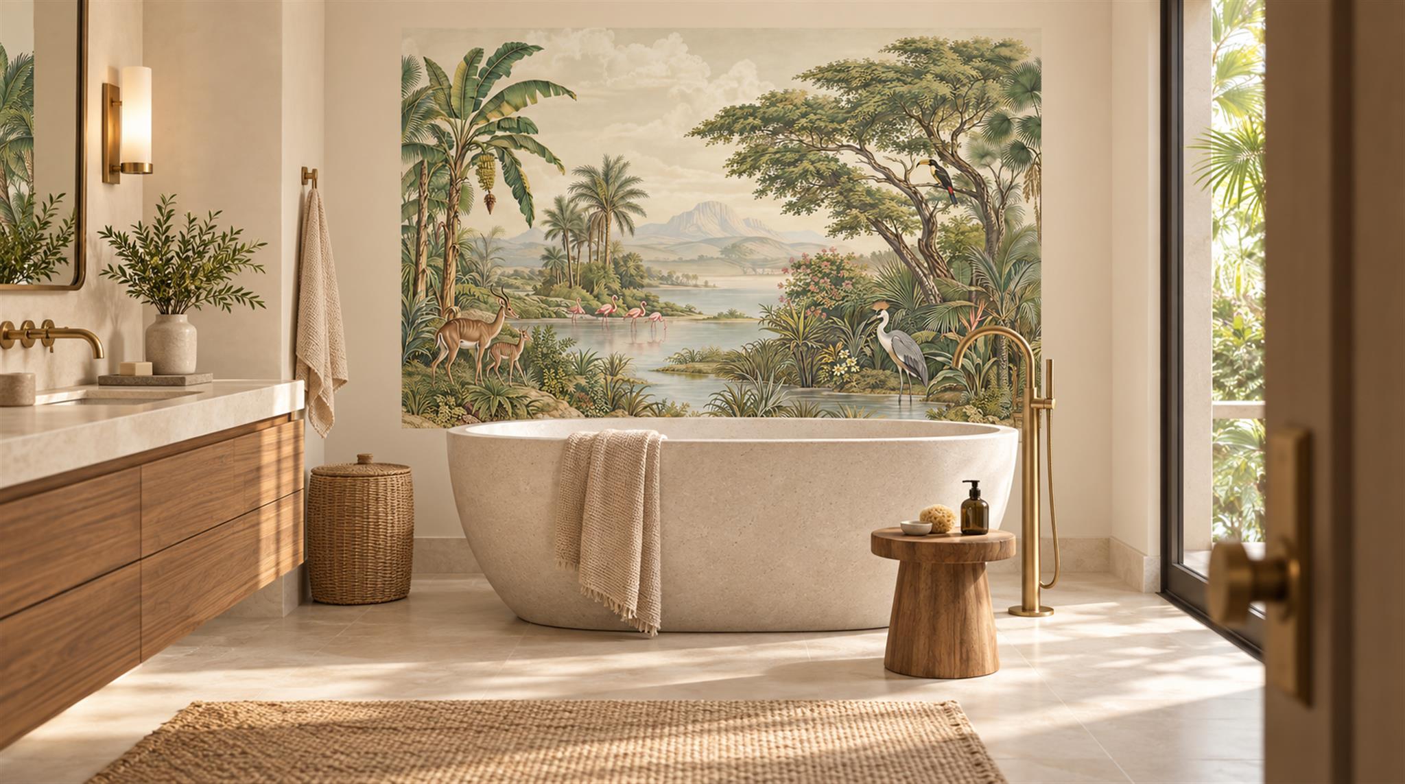 Red And Sage Green Tropical Foliage Wallpaper Mural Bathroom-wallpaper-murals, Peel-and-stick Finish