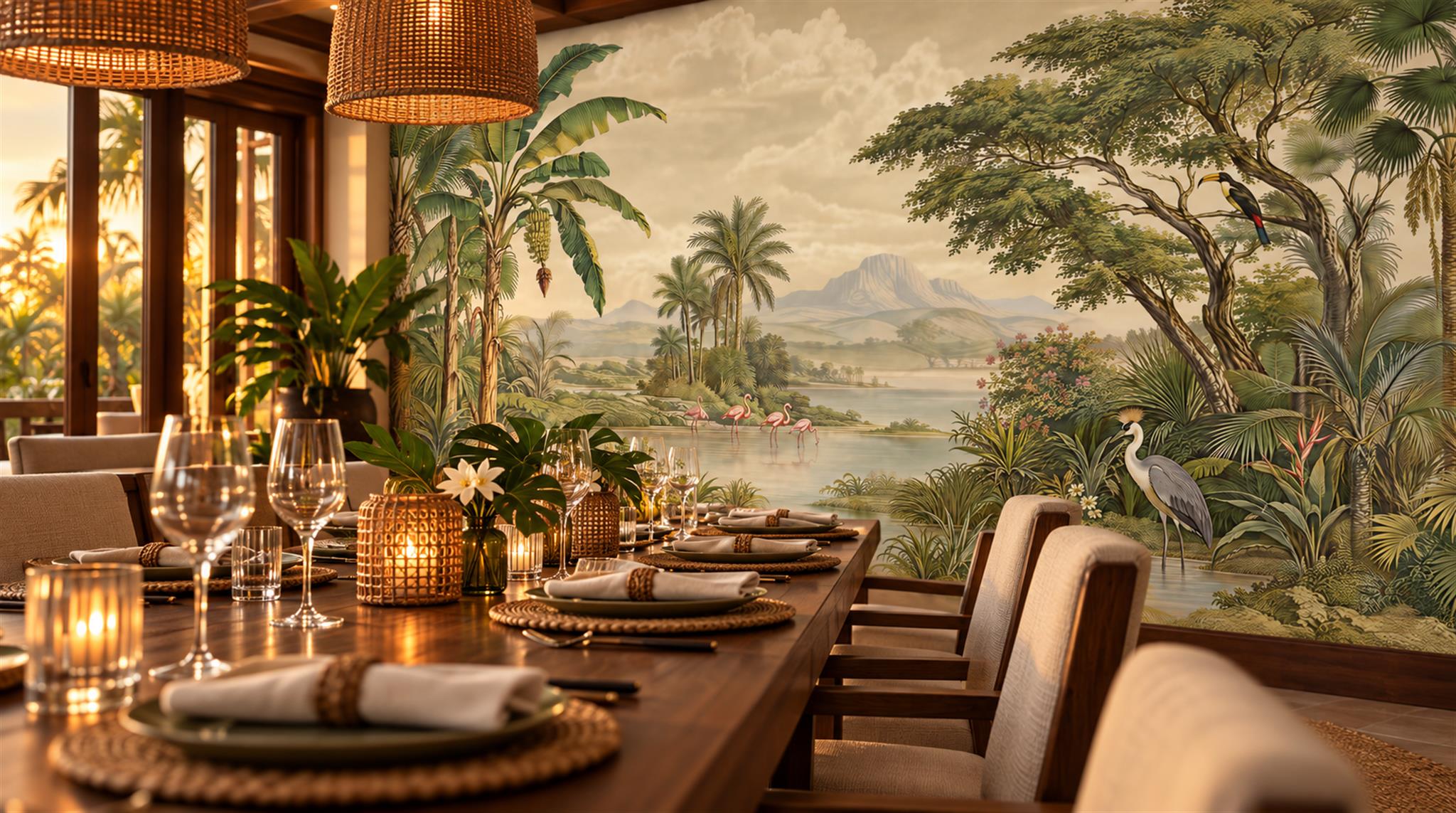 Red And Sage Green Tropical Foliage Wallpaper Mural Accent-wall-wallpaper-murals, Peel-and-stick Finish
