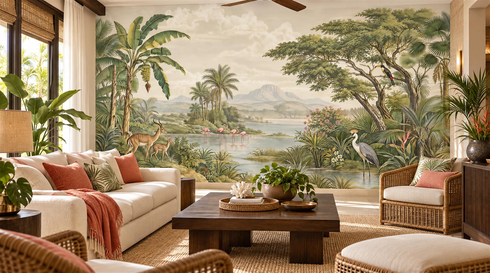 Red And Sage Green Tropical Foliage Wallpaper Mural, Peel-and-stick Finish