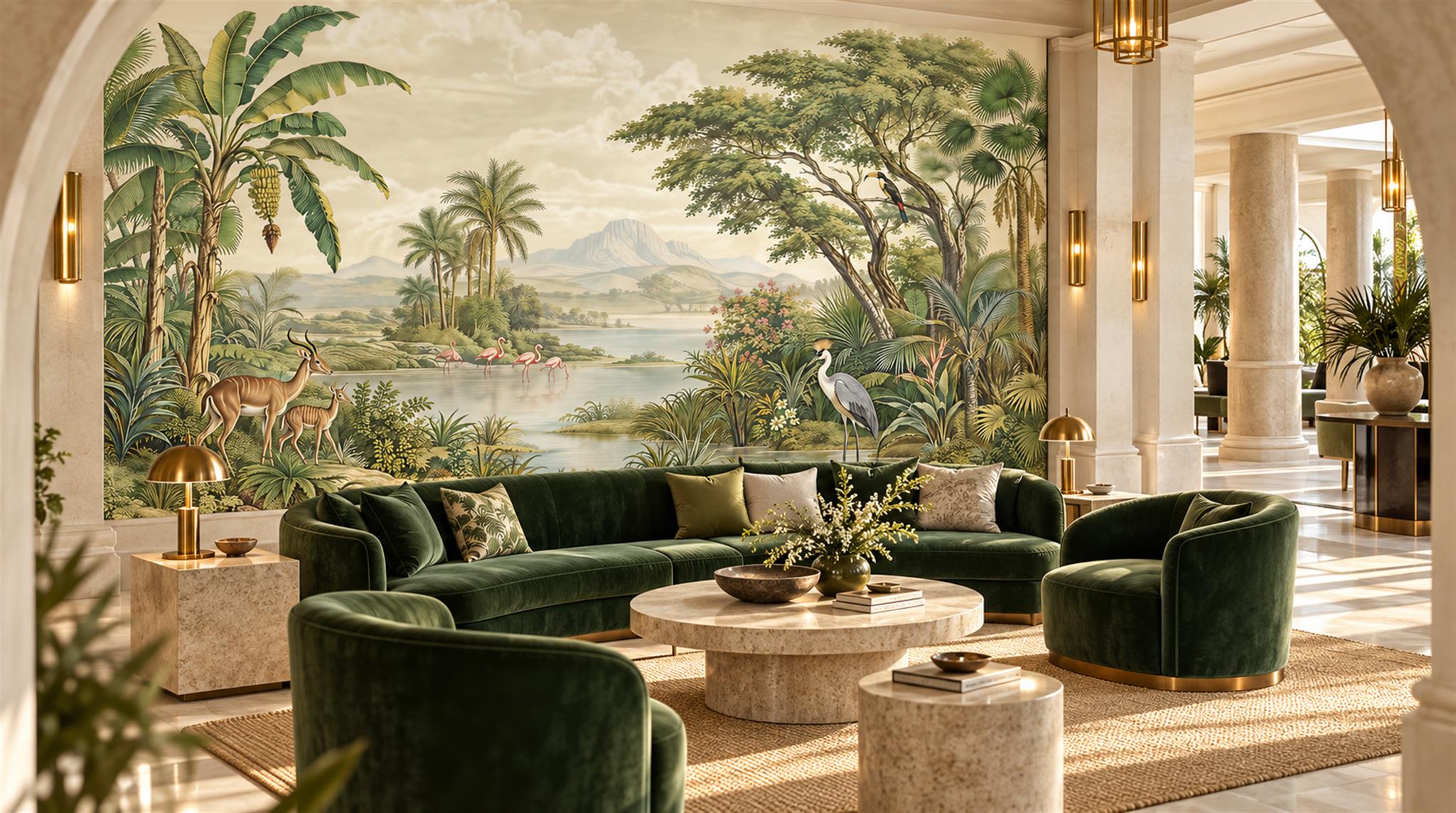 Red And Sage Green Tropical Foliage Wallpaper Mural Feature-wall-wallpaper-murals, Peel-and-stick Finish