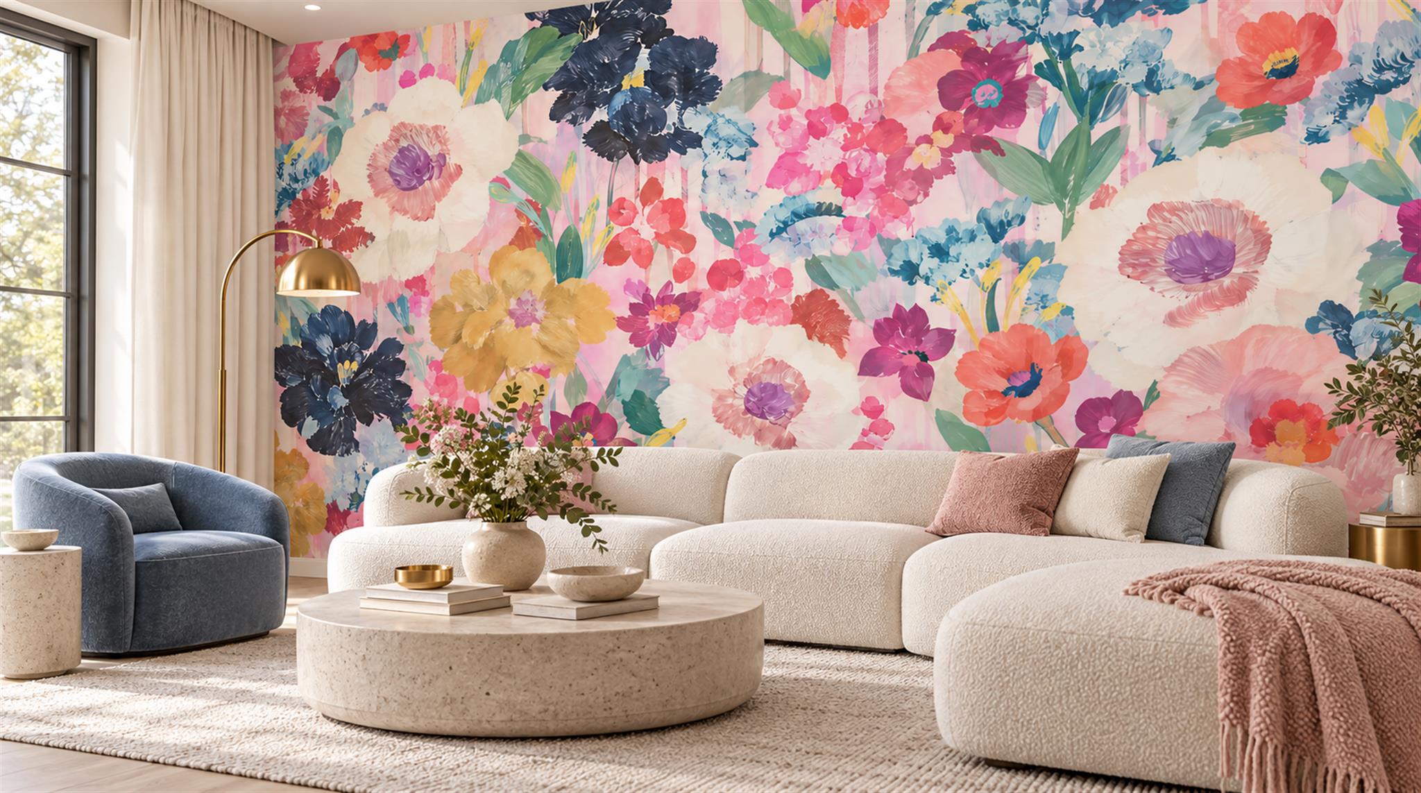 Red And Soft Pastel Decorative Patterning Wallpaper Textured Wallpaper Living-room-wallpaper-murals, Shown In A Living Room, Peel-and-stick Finish
