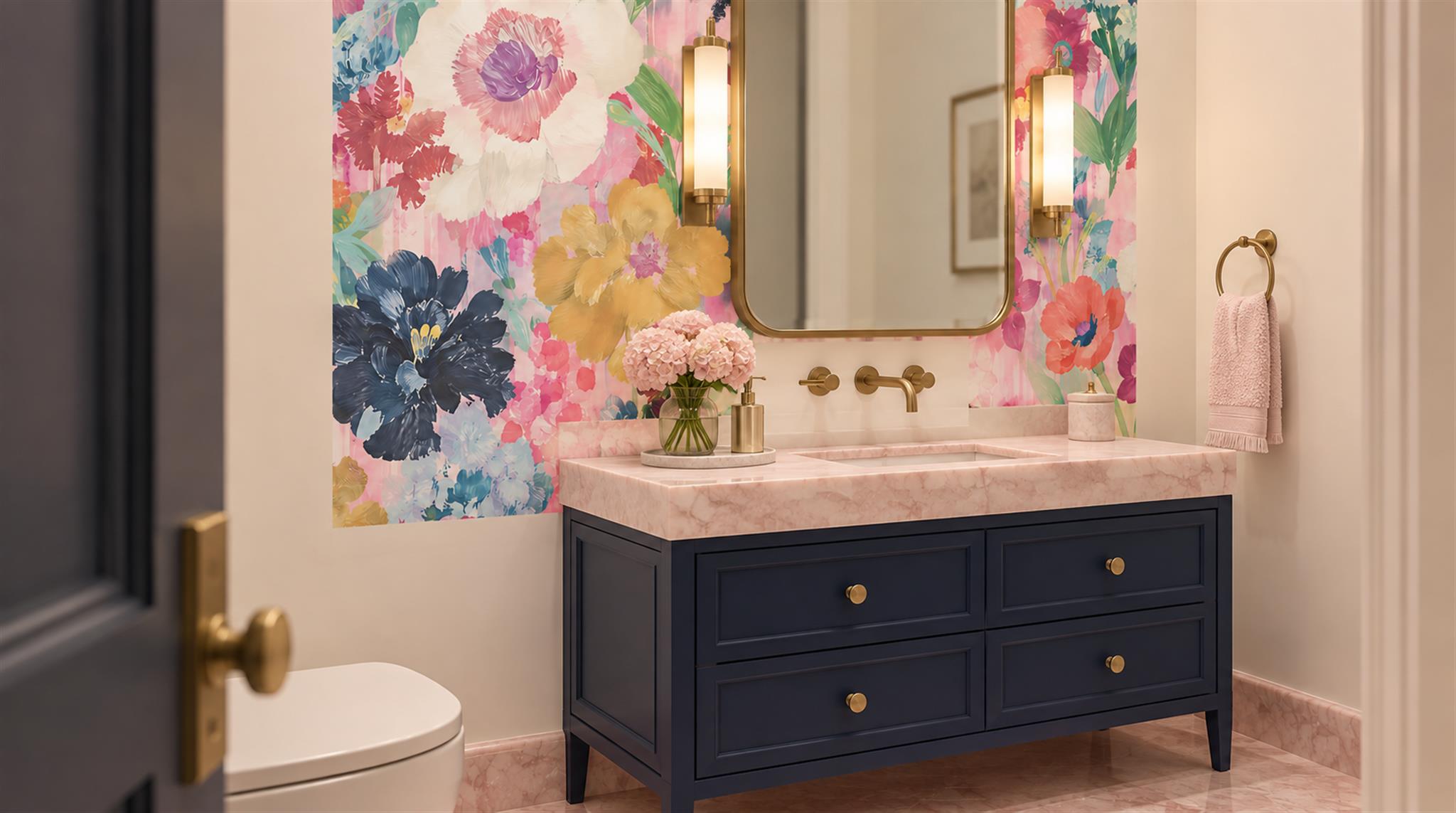 Red And Soft Pastel Decorative Patterning Wallpaper Textured Wallpaper Bathroom-wallpaper-murals, Peel-and-stick Finish
