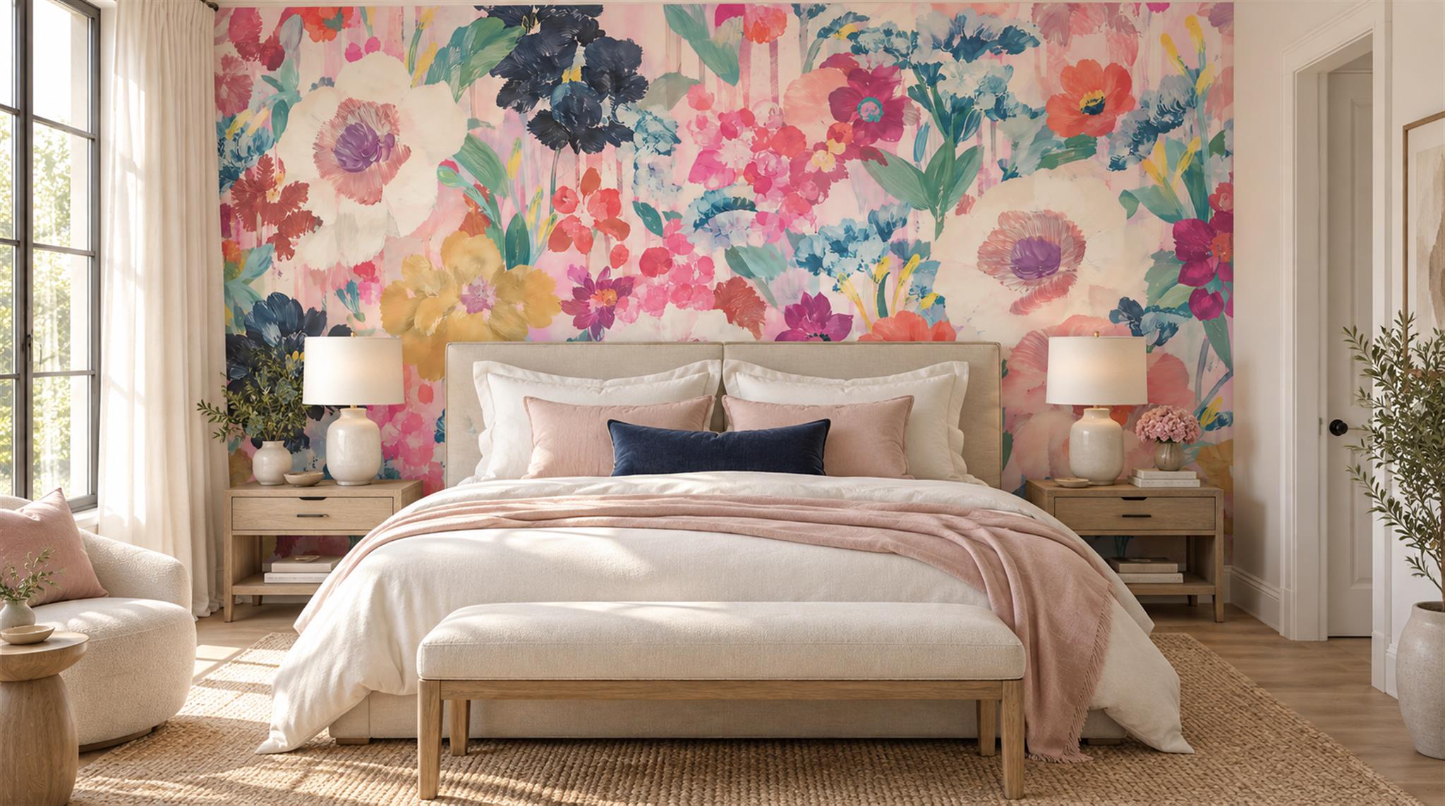 Red And Soft Pastel Decorative Patterning Wallpaper Textured Wallpaper Bedroom-wallpaper-murals, Peel-and-stick Finish