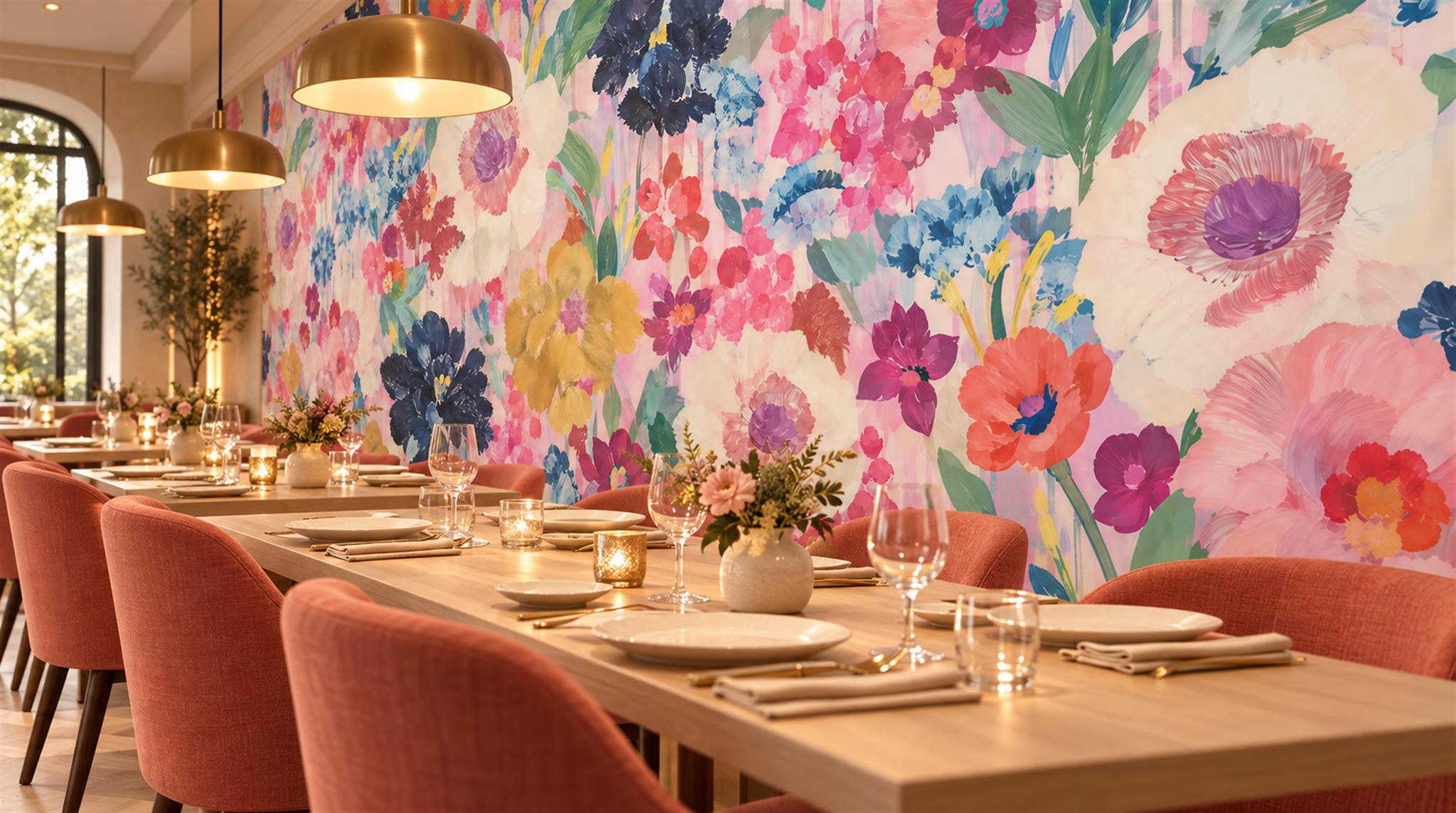 Red And Soft Pastel Decorative Patterning Wallpaper Textured Wallpaper Restaurant-wallpaper-murals, Peel-and-stick Finish