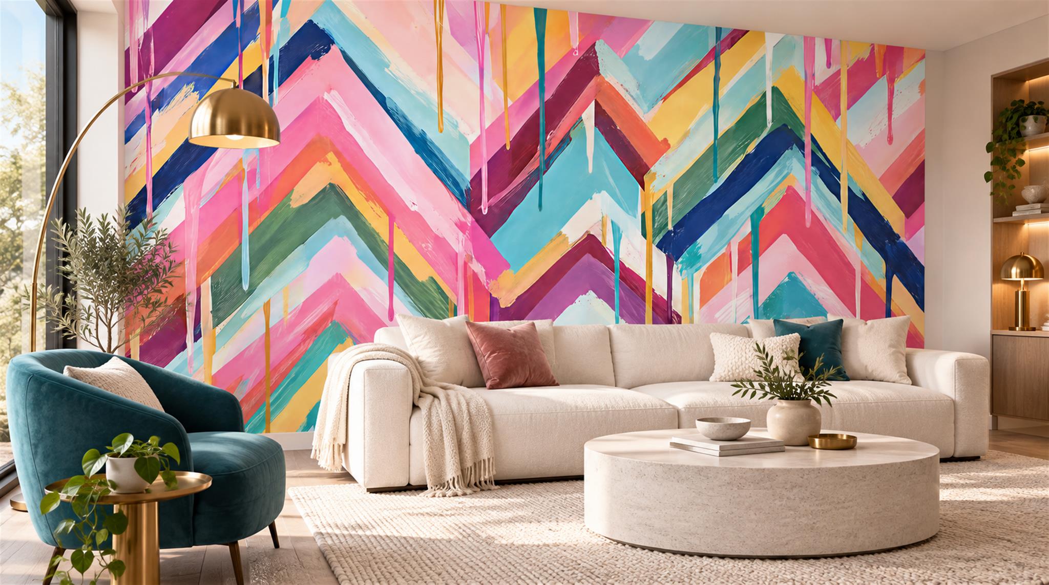 Red And Neutral Decorative Patterning Wallpaper Mural Layered Rhythm Living-room-wallpaper-murals, Shown In A Living Room, Peel-and-stick Finish