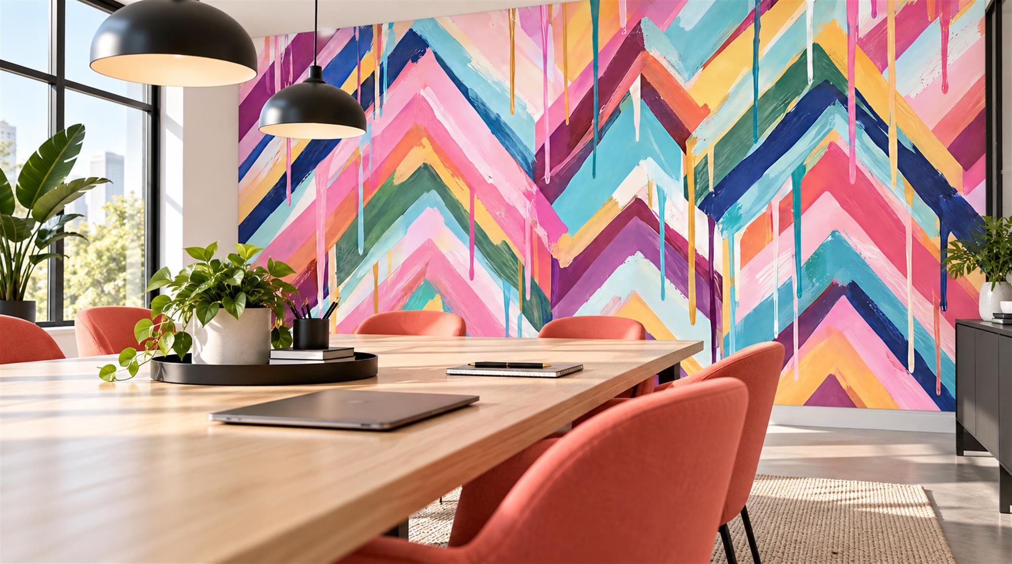Red And Neutral Decorative Patterning Wallpaper Mural Layered Rhythm Office-wallpaper-murals, Shown In A Home Office, Peel-and-stick Finish