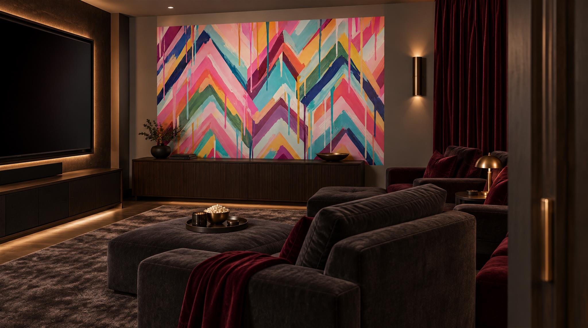 Red And Neutral Decorative Patterning Wallpaper Mural Layered Rhythm Accent-wall-wallpaper-murals, Peel-and-stick Finish