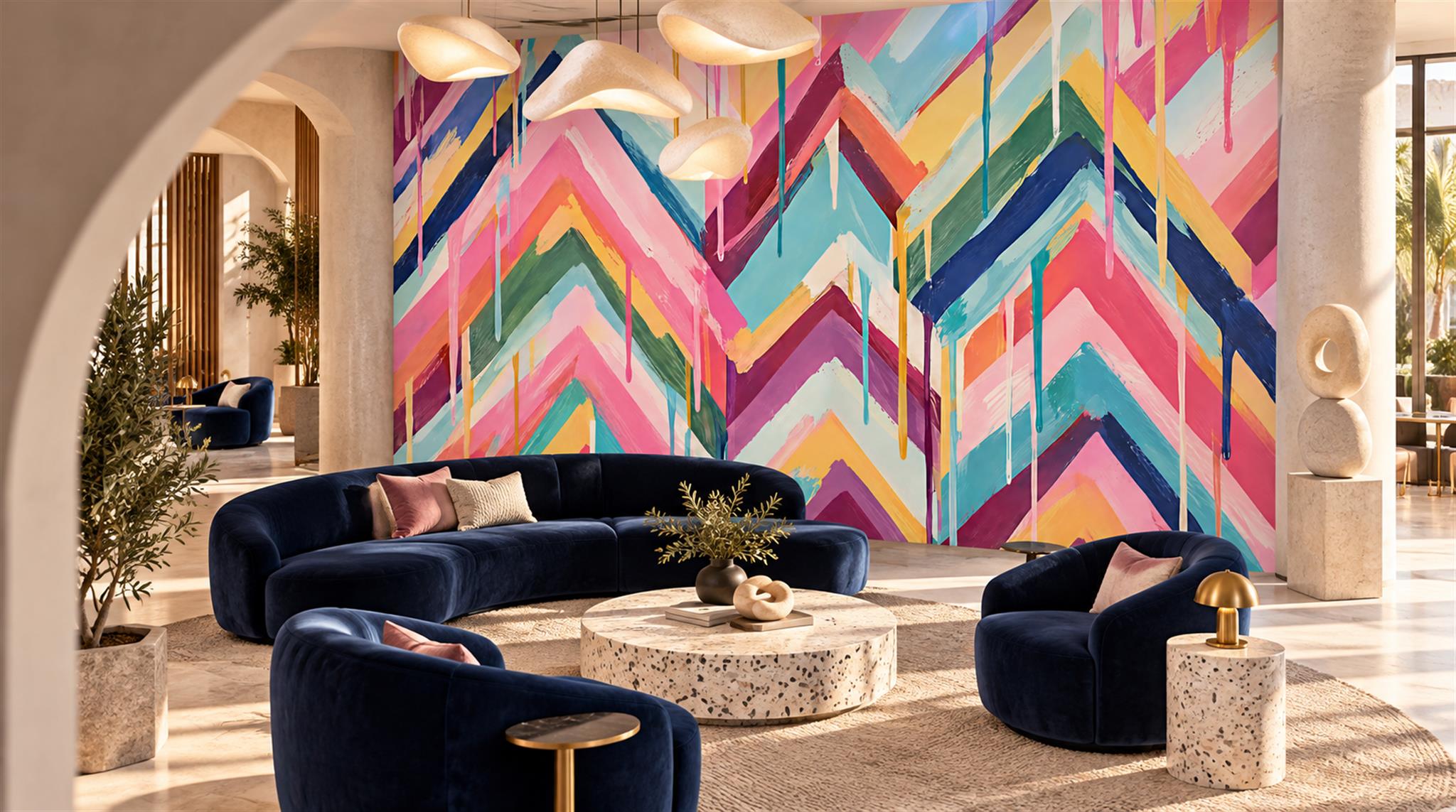 Red And Neutral Decorative Patterning Wallpaper Mural Layered Rhythm Accent-wall-wallpaper-murals, Peel-and-stick Finish