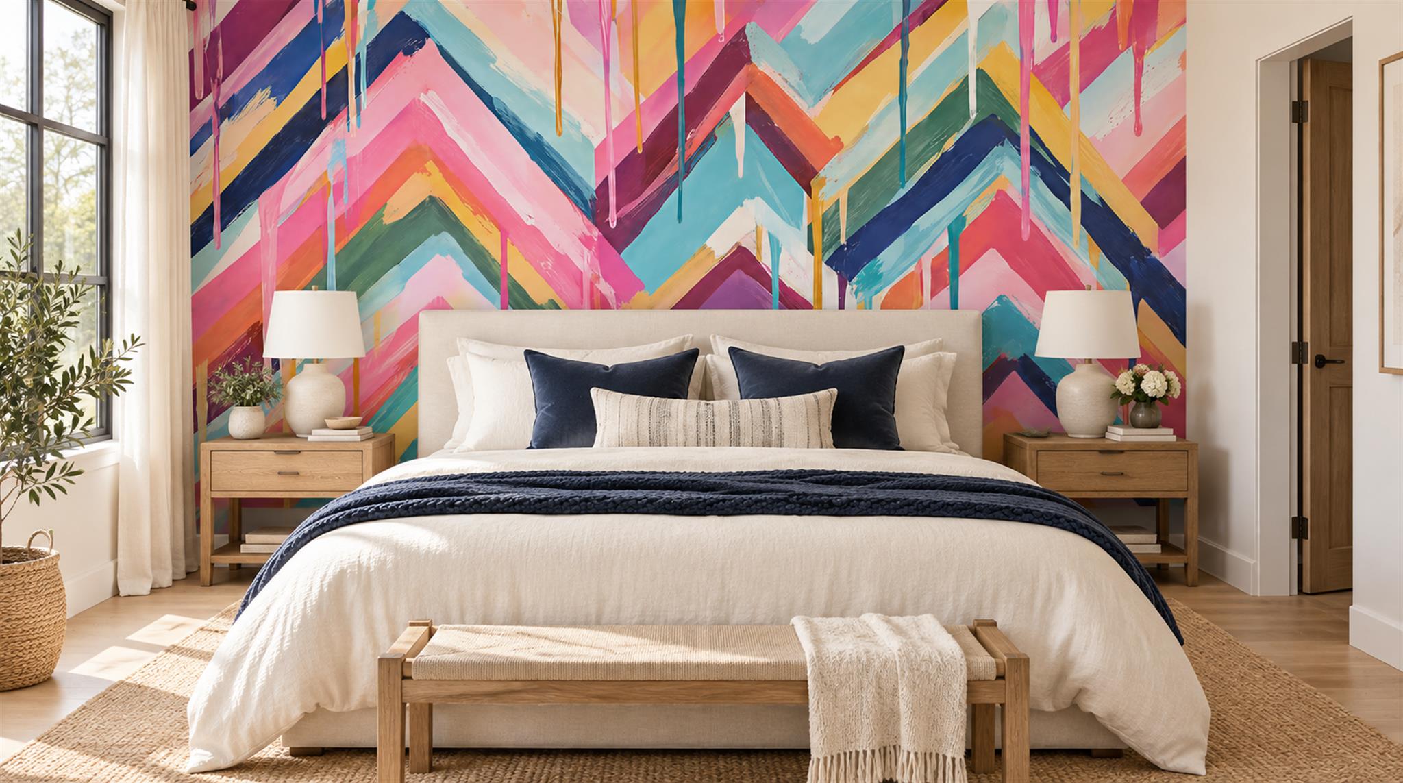 Red And Neutral Decorative Patterning Wallpaper Mural Layered Rhythm Accent-wall-wallpaper-murals, Peel-and-stick Finish