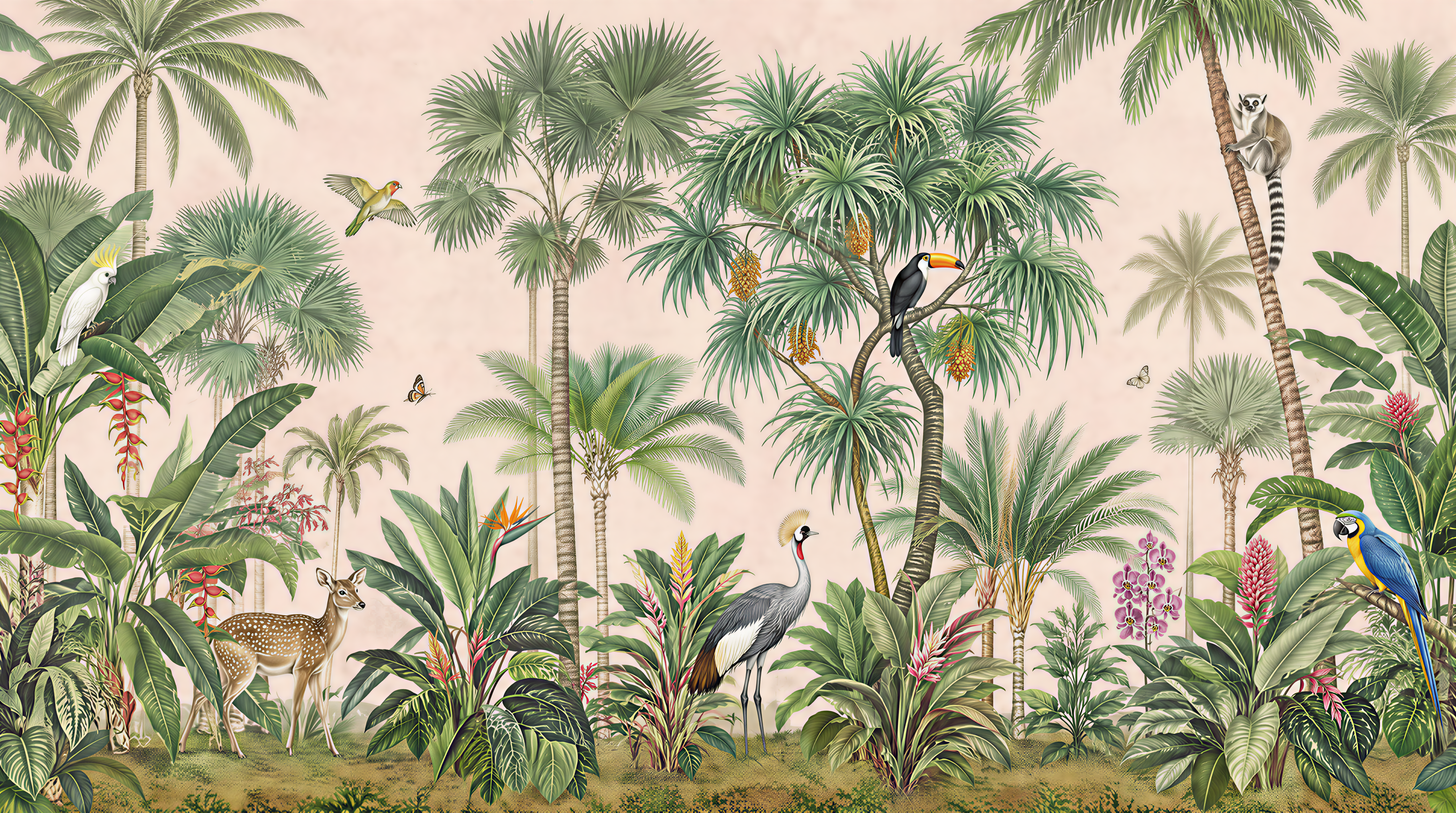 Red And Sage Green Palm Leaves Wallpaper Mural, Peel-and-stick Finish