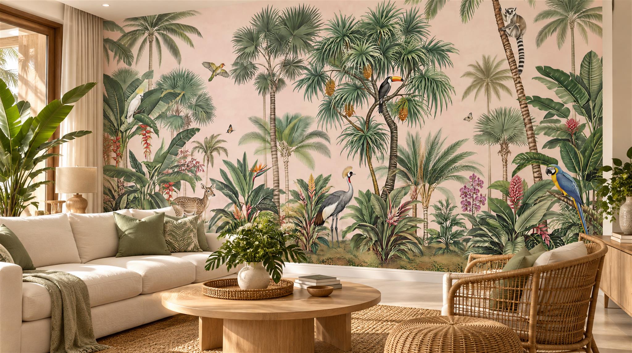 Red And Sage Green Palm Leaves Wallpaper Mural, Peel-and-stick Finish