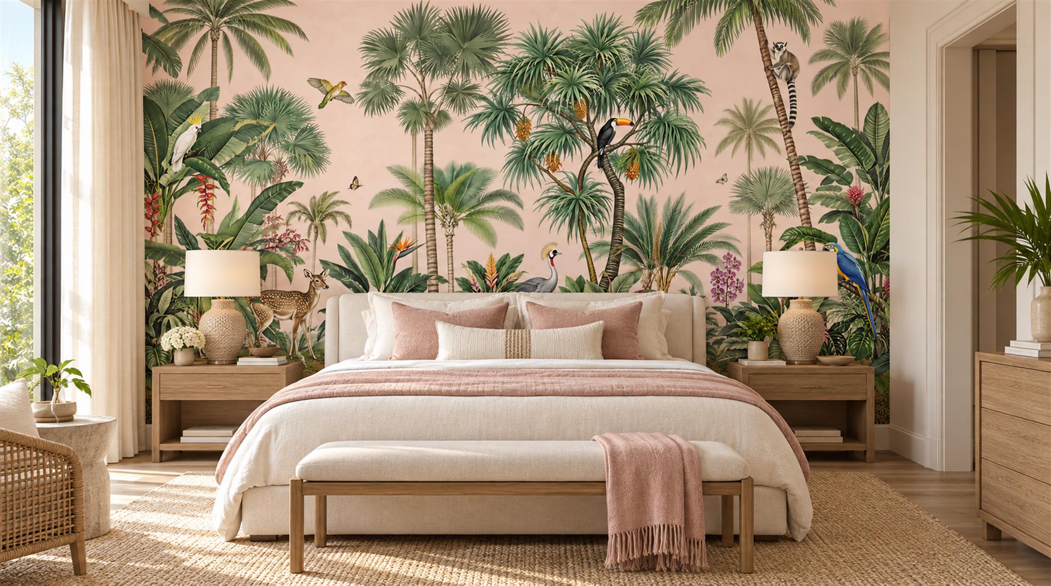 Red And Sage Green Palm Leaves Wallpaper Mural Bedroom-wallpaper-murals, Peel-and-stick Finish
