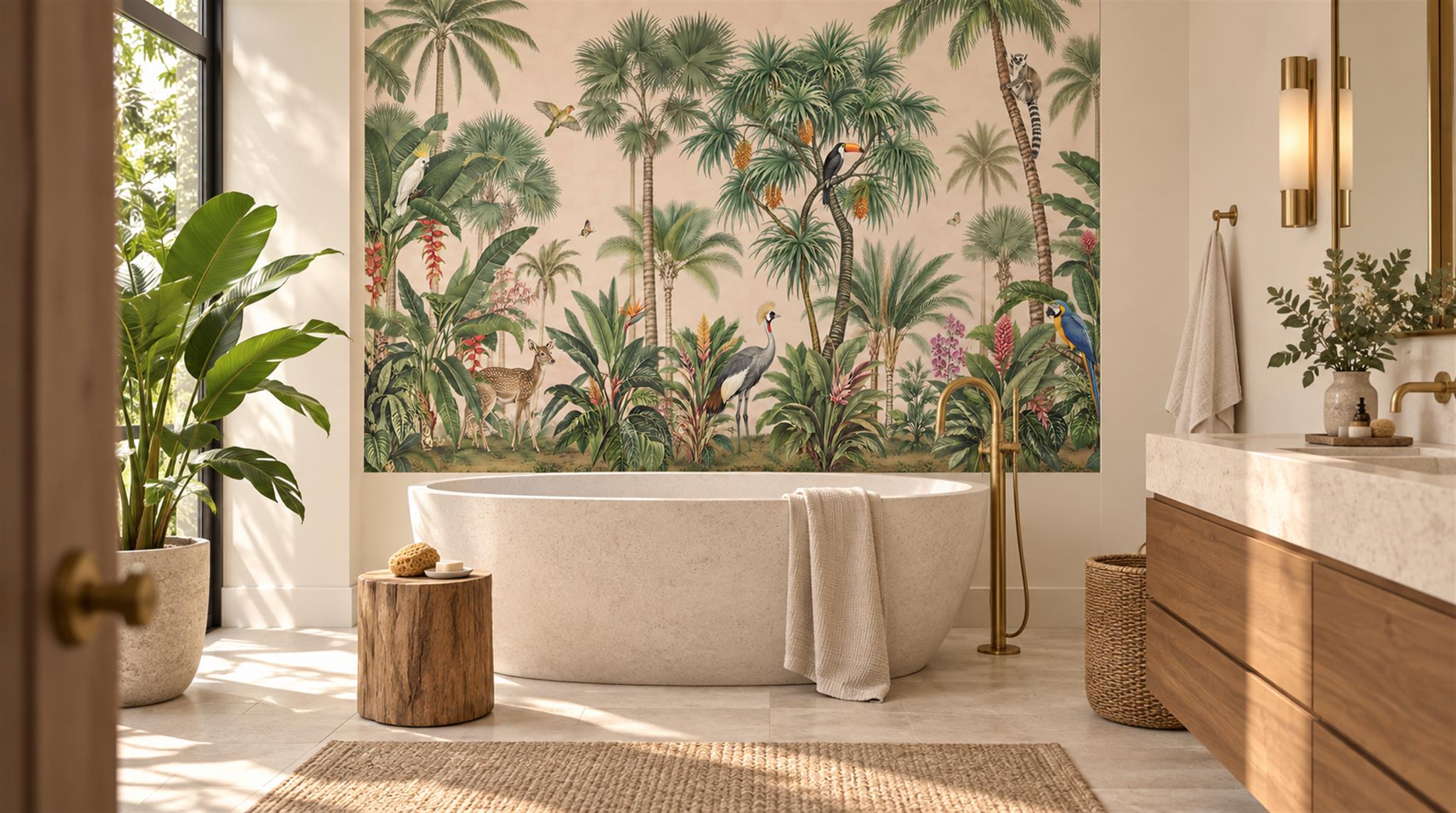 Red And Sage Green Palm Leaves Wallpaper Mural Bathroom-wallpaper-murals, Peel-and-stick Finish