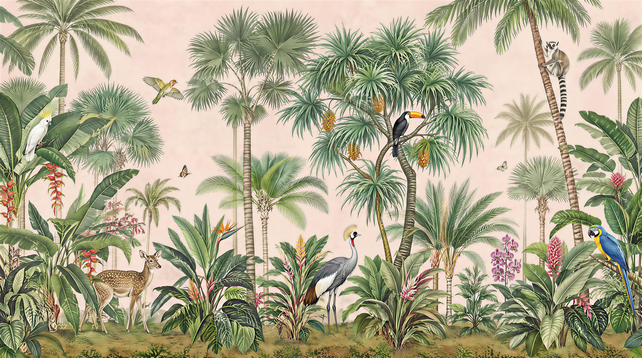 Tropical Wildlife With Lemur And Toucan Wallpaper Mural — Wallpaper Mural Design, Peel-and-stick Finish