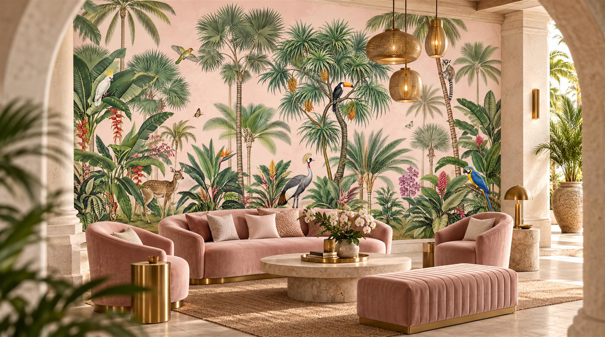 Red And Sage Green Palm Leaves Wallpaper Mural Feature-wall-wallpaper-murals, Peel-and-stick Finish