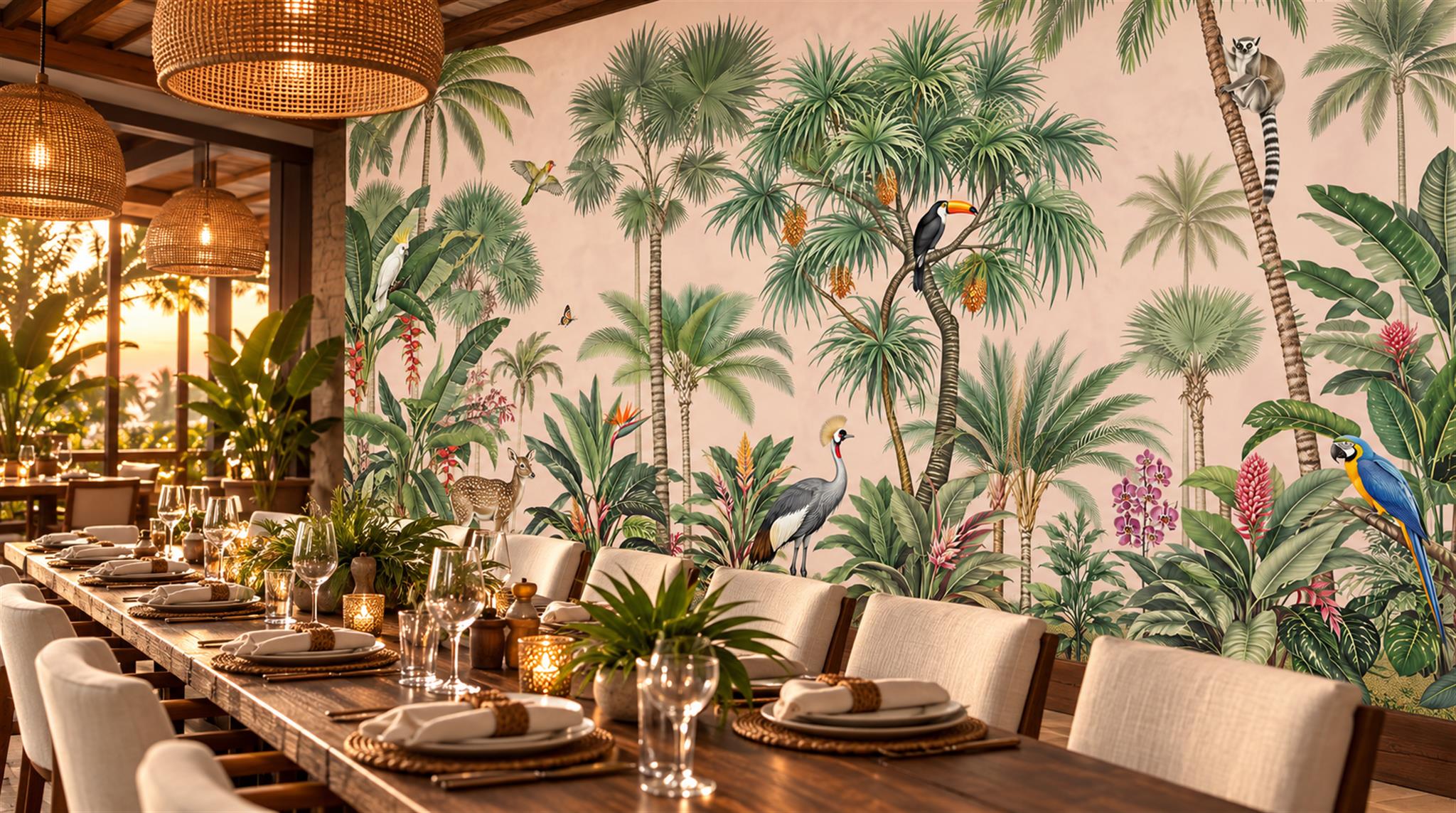 Red And Sage Green Palm Leaves Wallpaper Mural, Peel-and-stick Finish