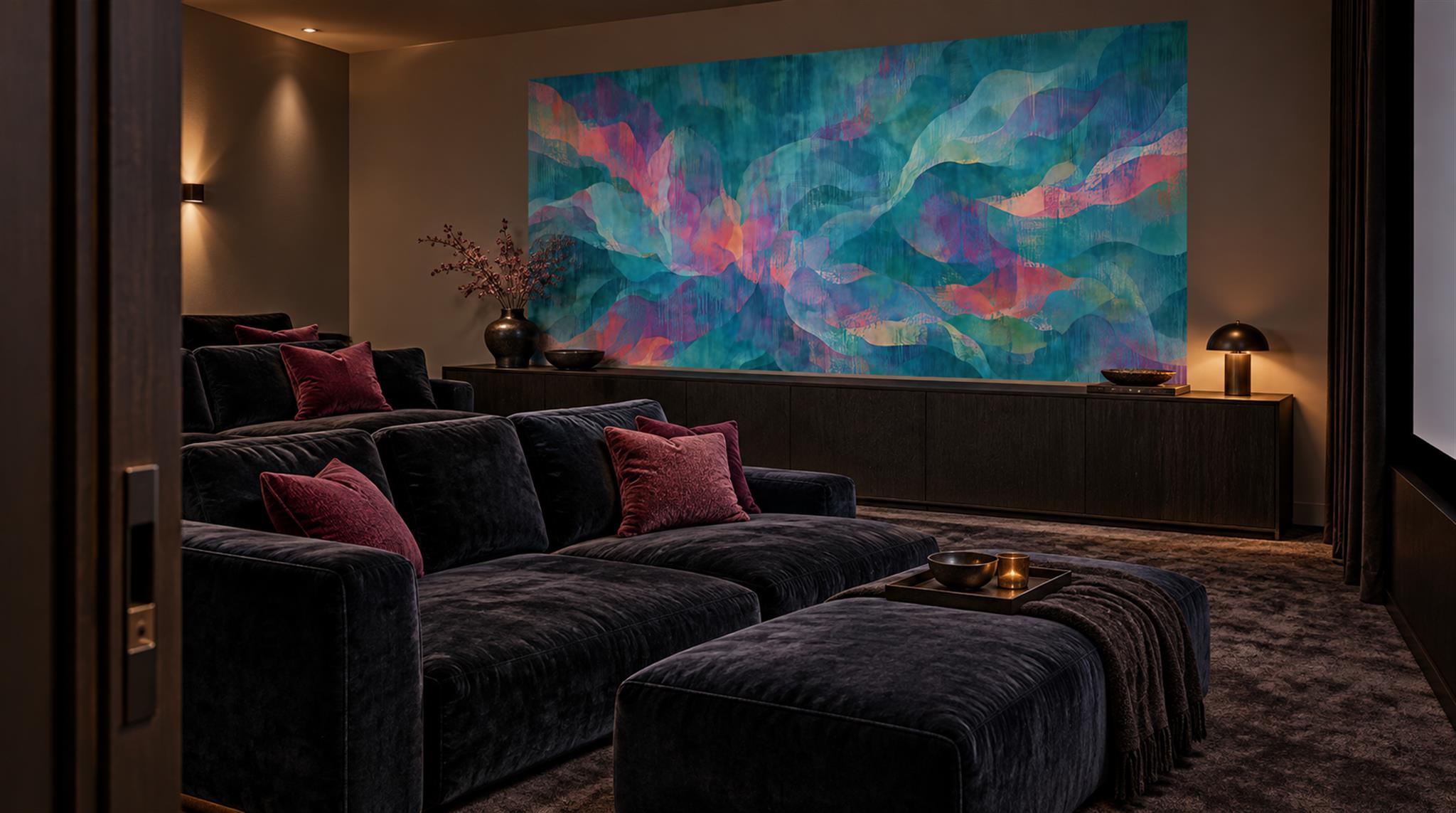 Red And Teal Decorative Patterning Wallpaper Mural Accent-wall-wallpaper-murals, Peel-and-stick Finish