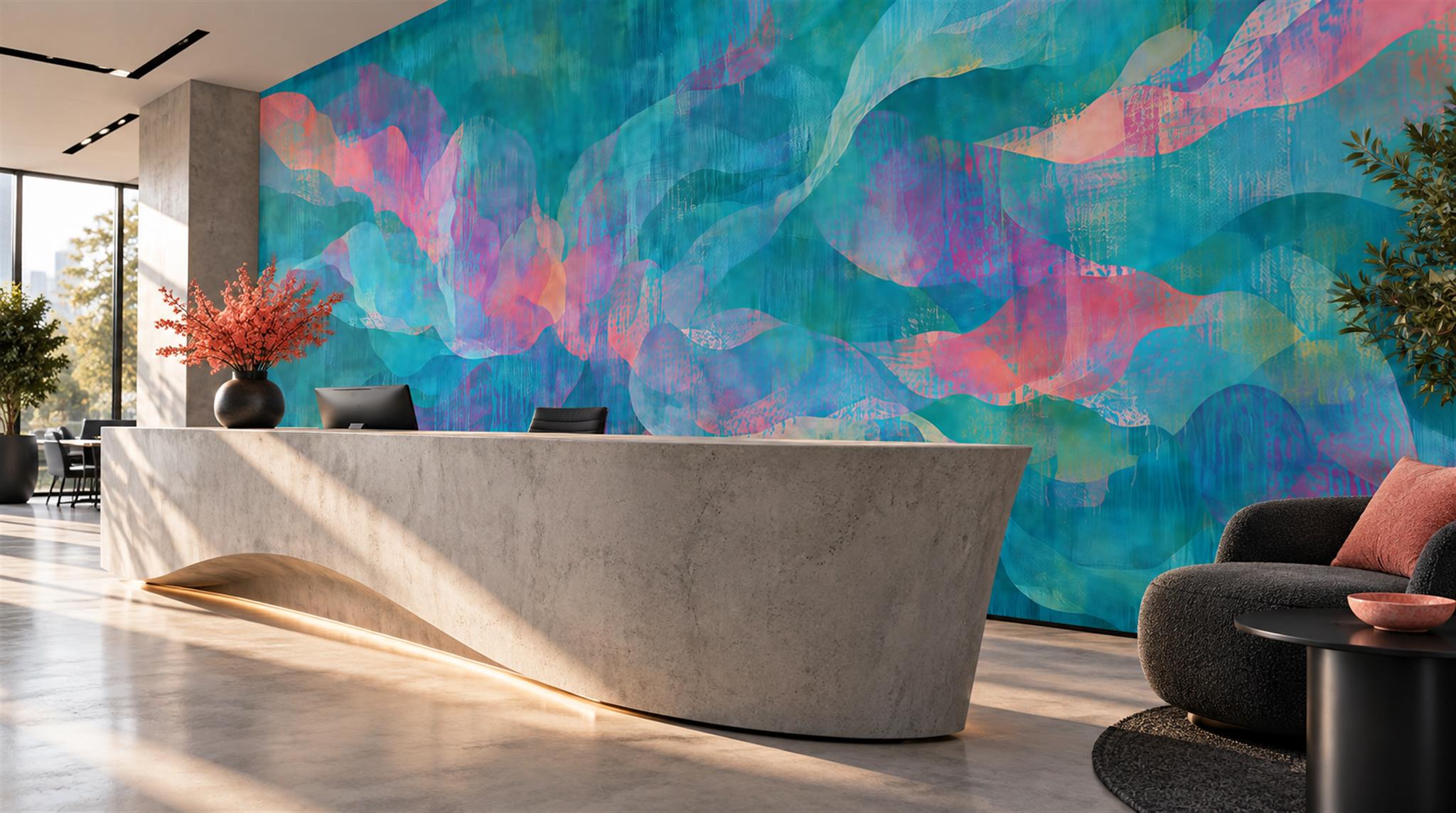 Red And Teal Decorative Patterning Wallpaper Mural Office-wallpaper-murals, Shown In A Home Office, Peel-and-stick Finish