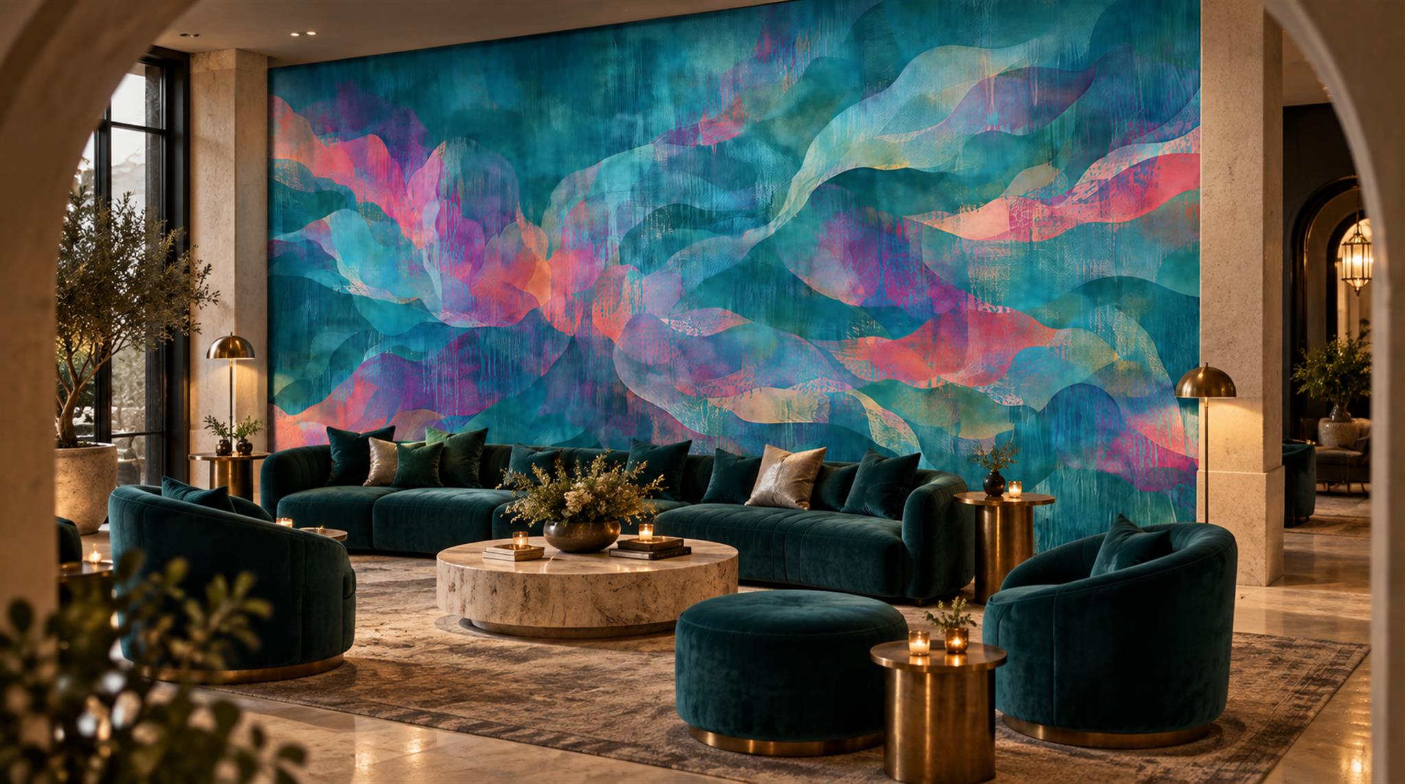 Red And Teal Decorative Patterning Wallpaper Mural Feature-wall-wallpaper-murals, Peel-and-stick Finish