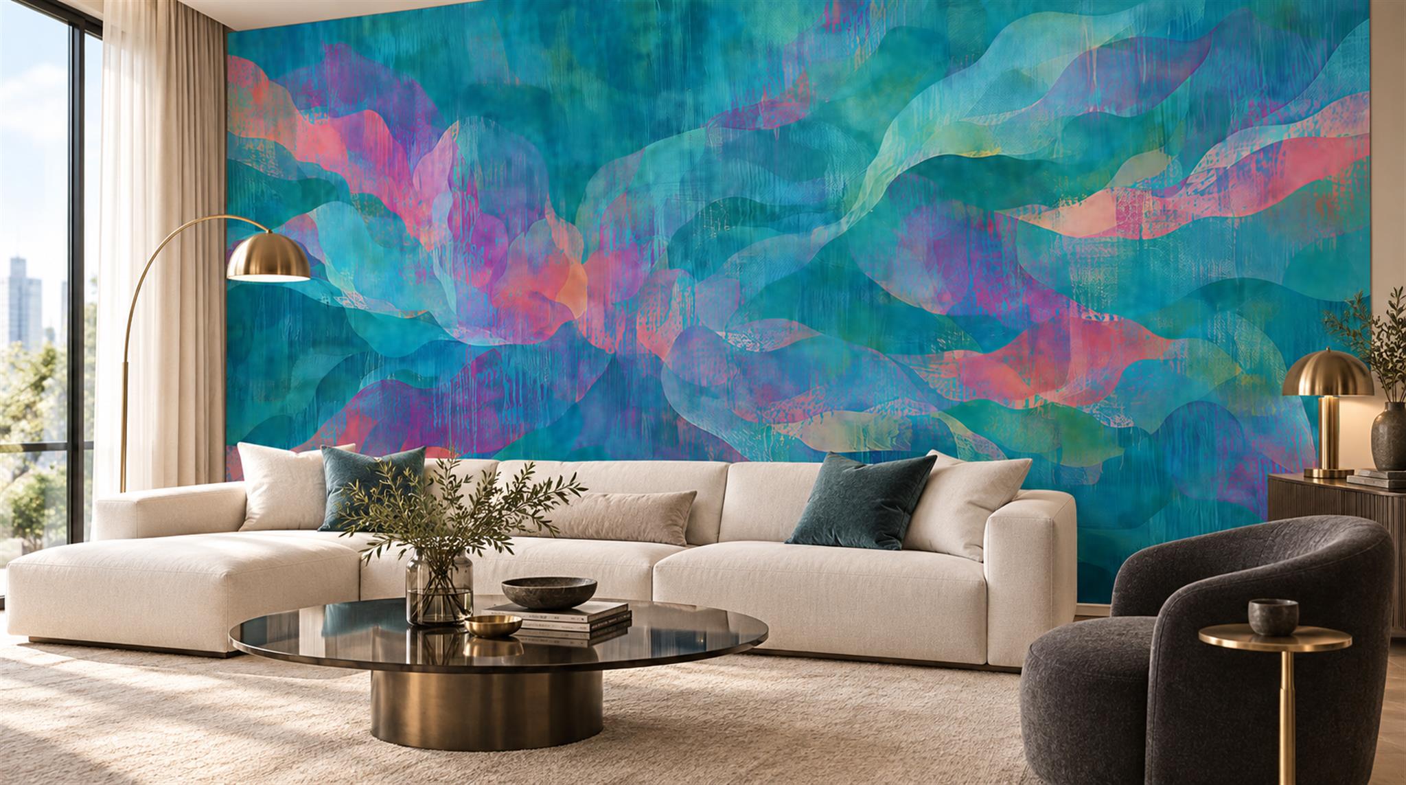 Red And Teal Decorative Patterning Wallpaper Mural Bedroom-wallpaper-murals, Peel-and-stick Finish