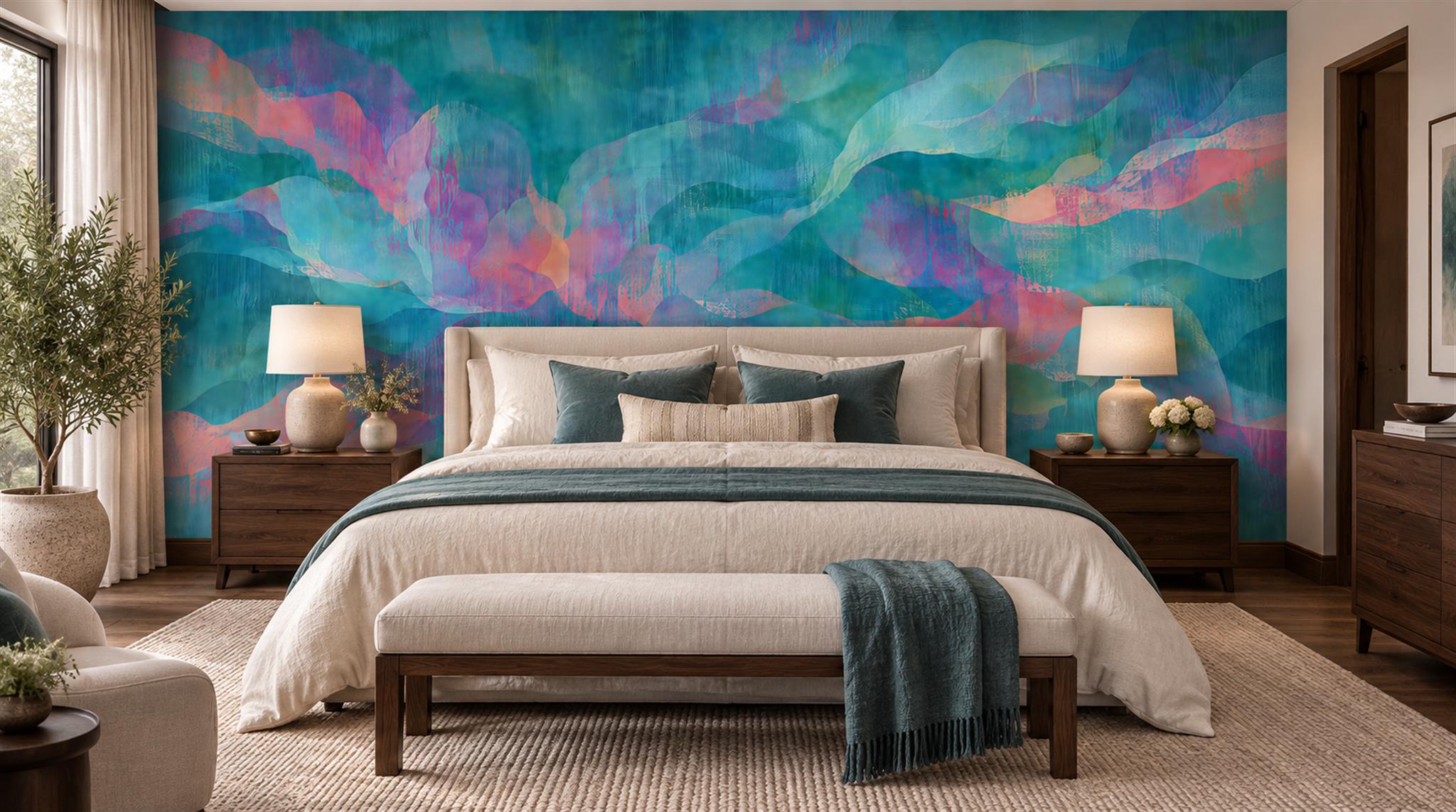 Red And Teal Decorative Patterning Wallpaper Mural Bedroom-wallpaper-murals, Peel-and-stick Finish