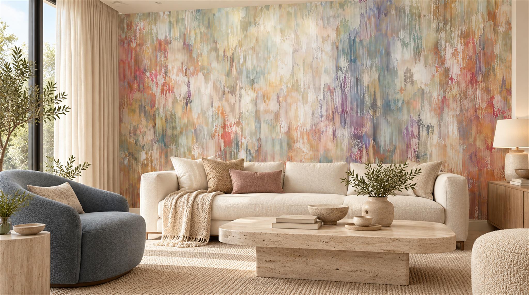 Red And Neutral Decorative Patterning Wallpaper Mural Layered Organic Living-room-wallpaper-murals, Shown In A Living Room, Peel-and-stick Finish