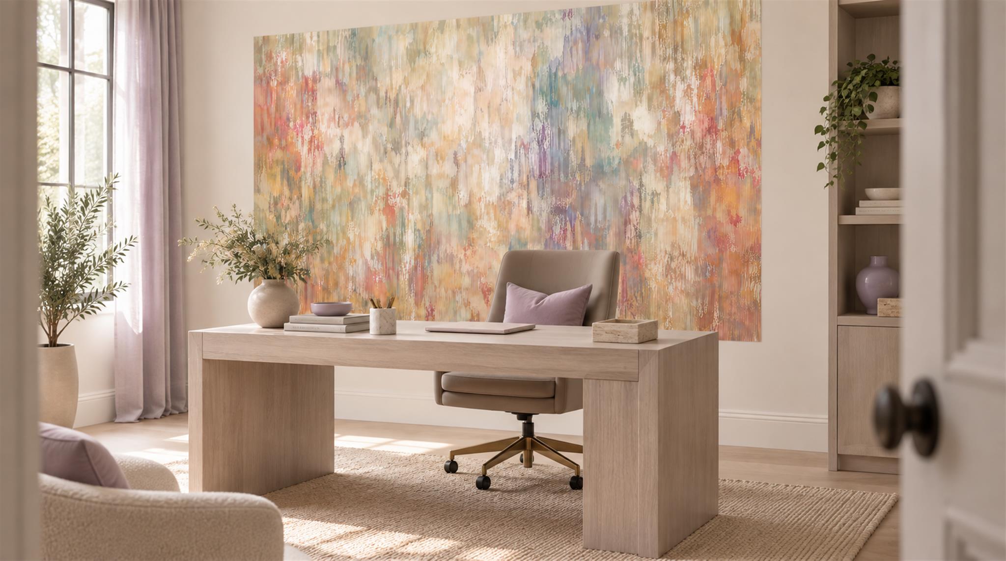 Red And Neutral Decorative Patterning Wallpaper Mural Layered Organic Office-wallpaper-murals, Shown In A Home Office, Peel-and-stick Finish
