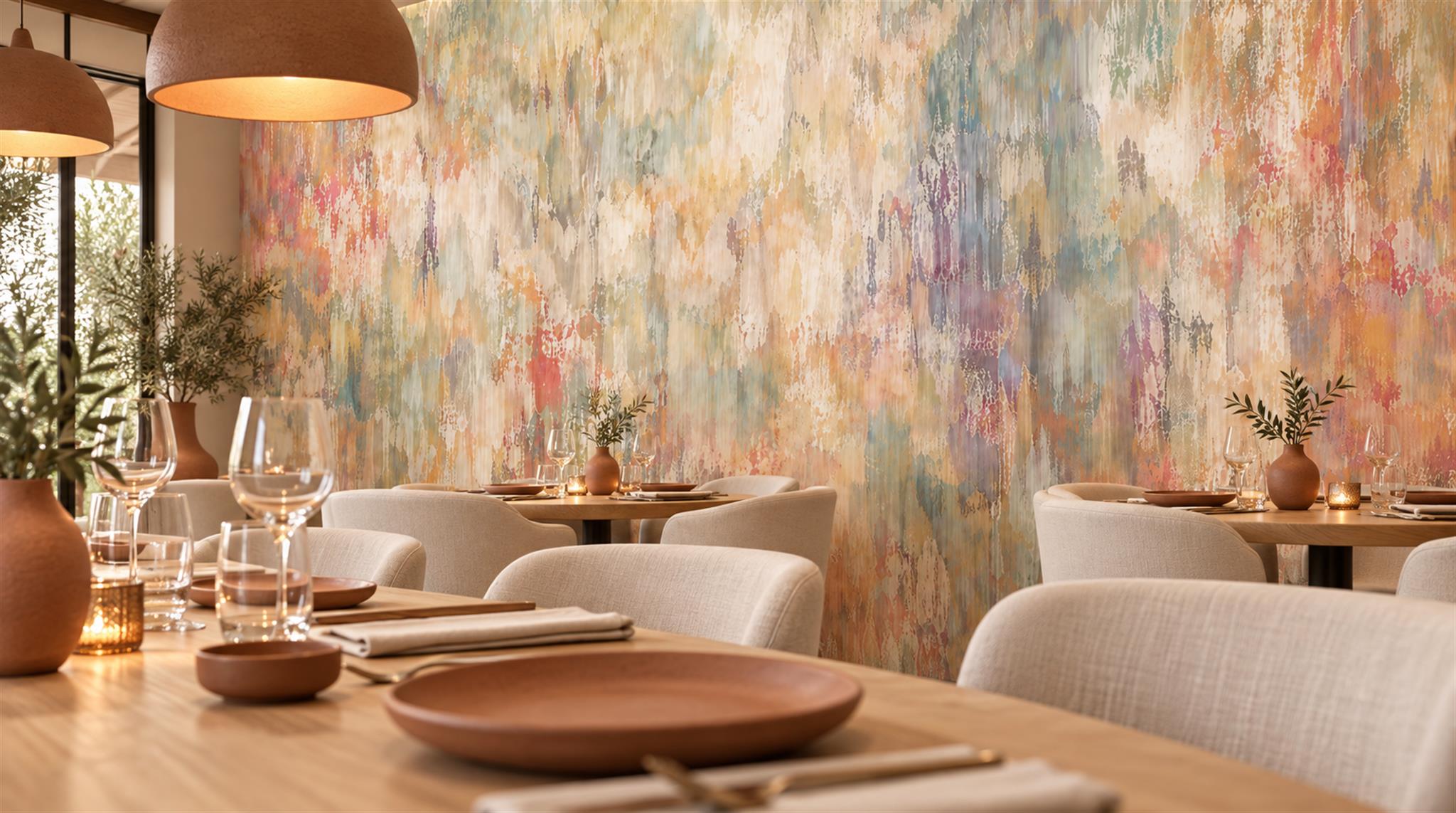 Red And Neutral Decorative Patterning Wallpaper Mural Layered Organic Accent-wall-wallpaper-murals, Peel-and-stick Finish