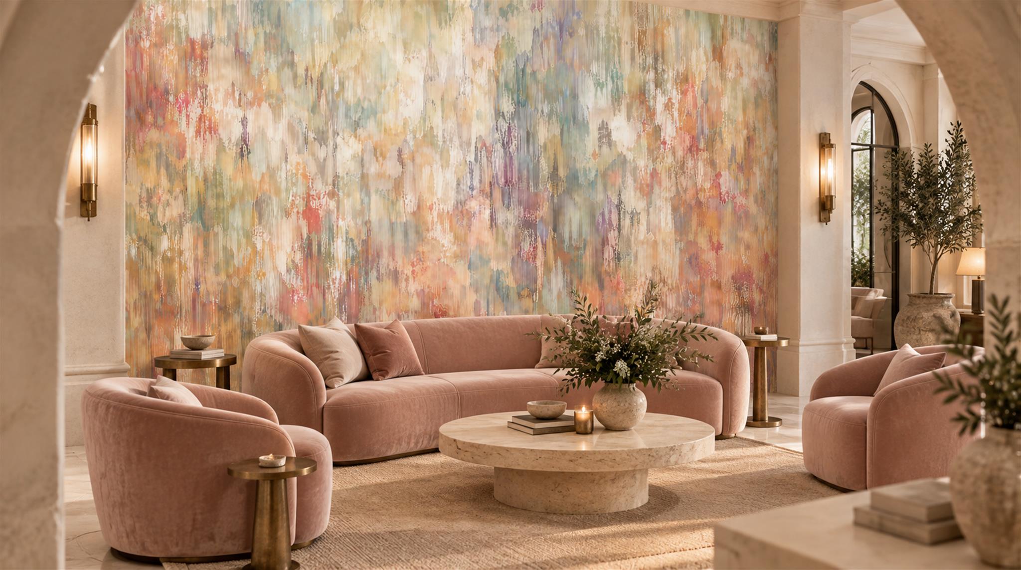 Red And Neutral Decorative Patterning Wallpaper Mural Layered Organic Feature-wall-wallpaper-murals, Peel-and-stick Finish