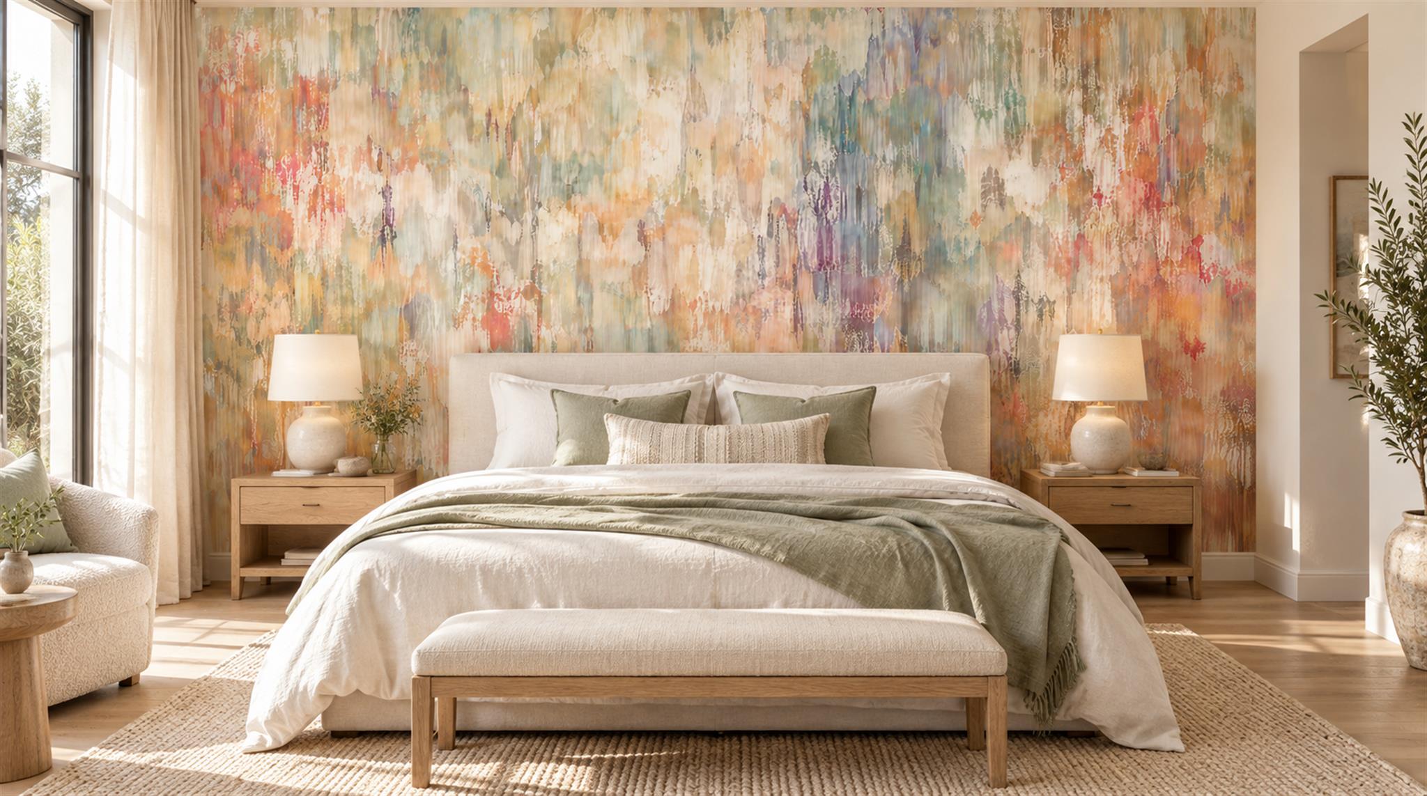 Red And Neutral Decorative Patterning Wallpaper Mural Layered Organic Accent-wall-wallpaper-murals, Peel-and-stick Finish