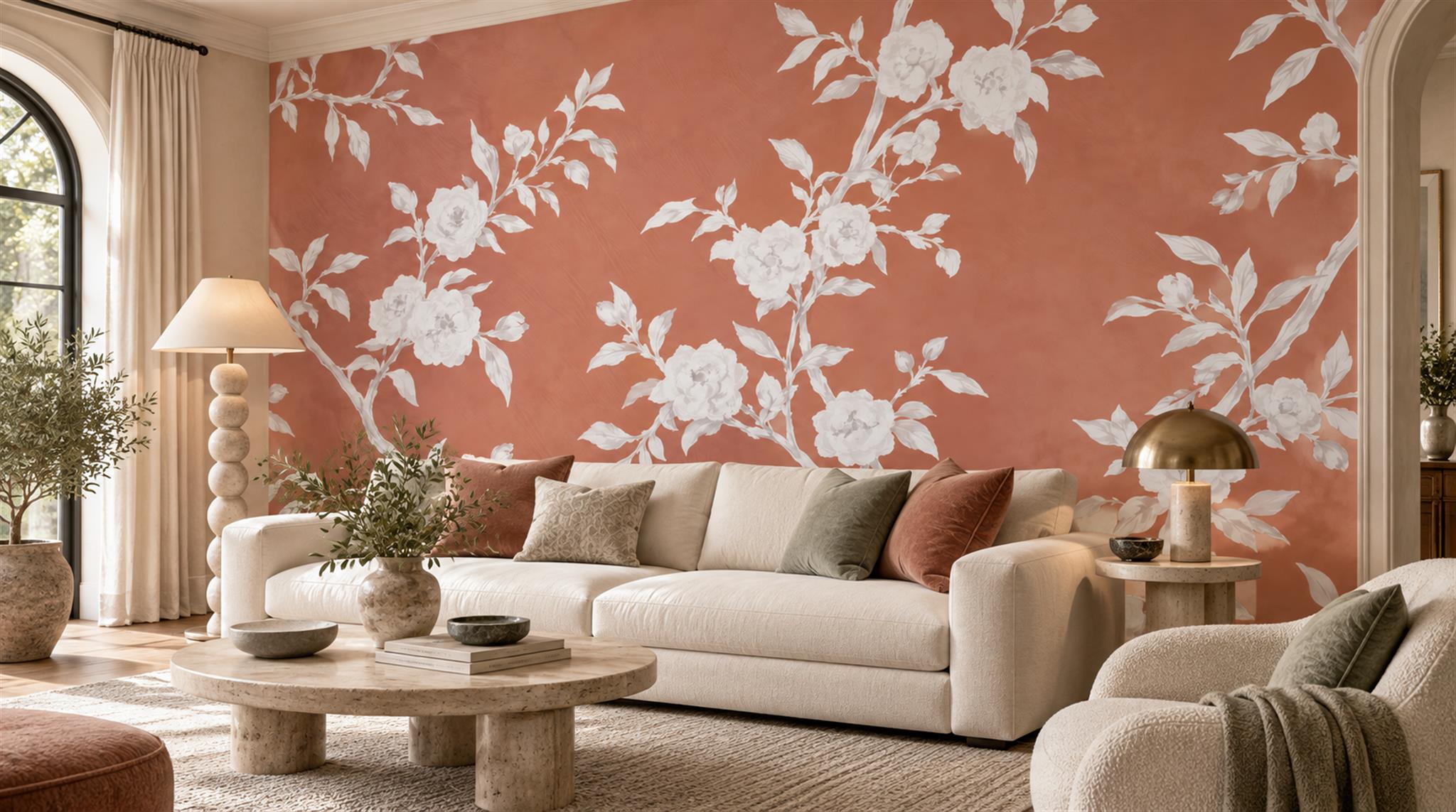 Red And Neutral Decorative Patterning Wallpaper Mural Layered Tones Living-room-wallpaper-murals, Shown In A Living Room, Peel-and-stick Finish