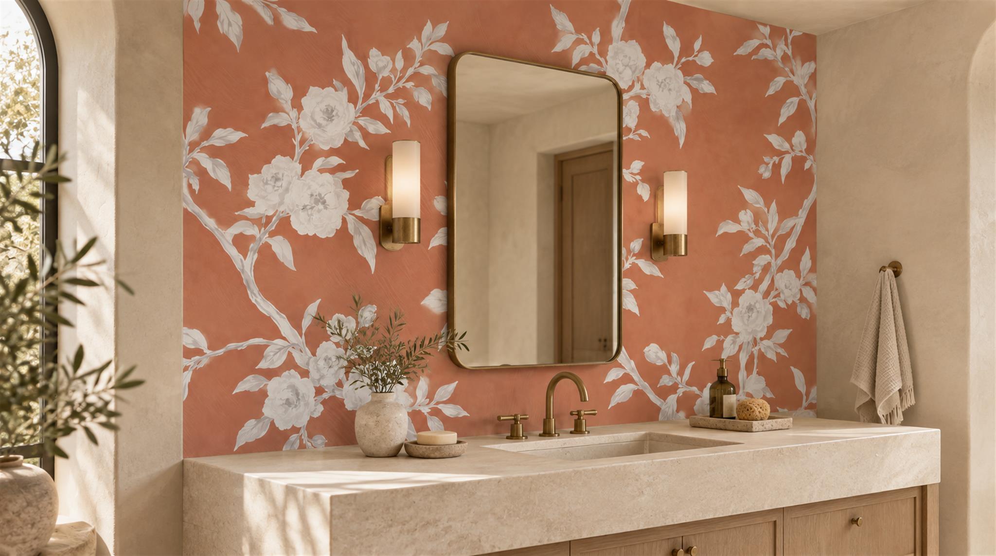 Red And Neutral Decorative Patterning Wallpaper Mural Layered Tones Bathroom-wallpaper-murals, Peel-and-stick Finish