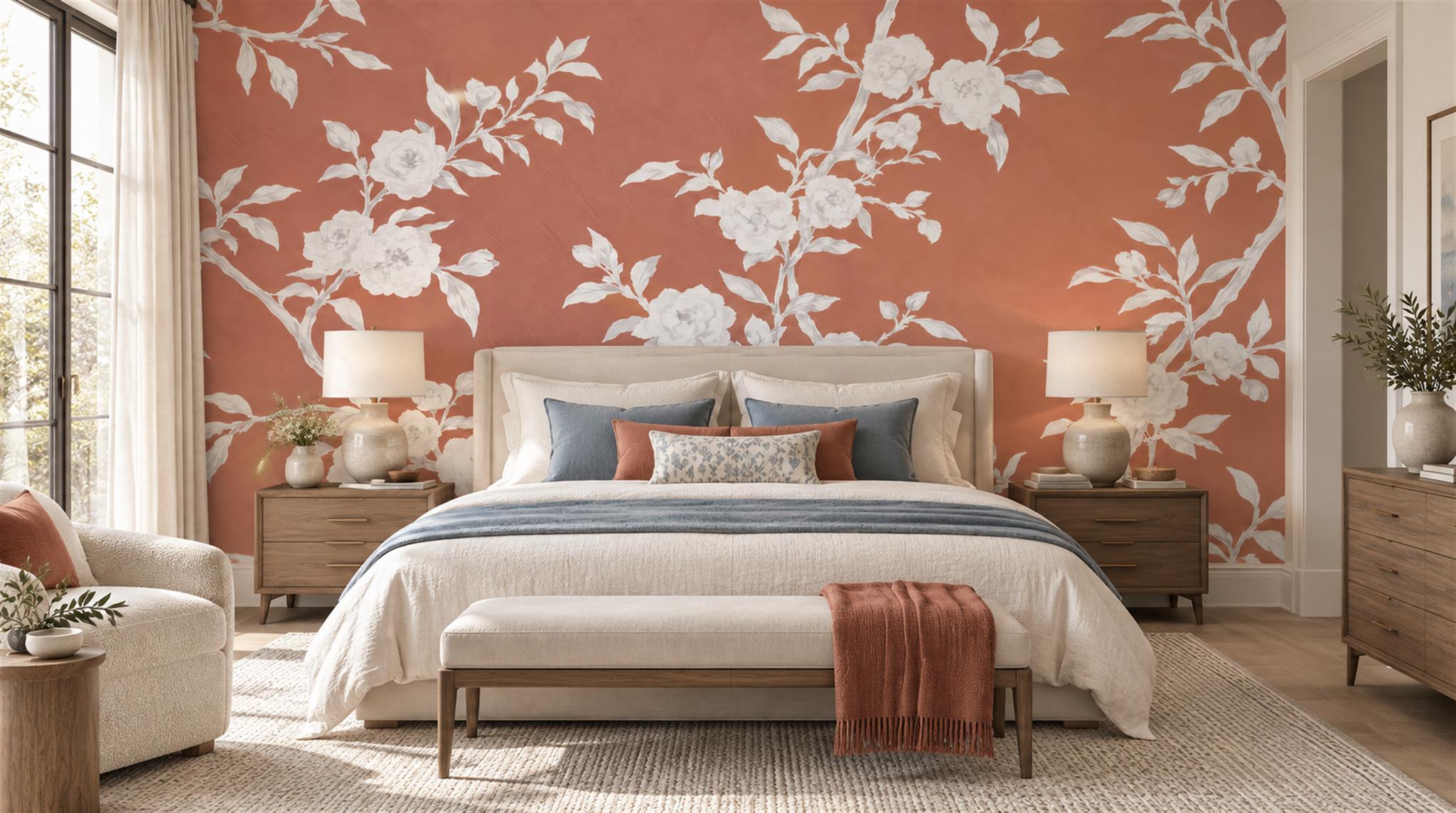 Red And Neutral Decorative Patterning Wallpaper Mural Layered Tones Bedroom-wallpaper-murals, Peel-and-stick Finish