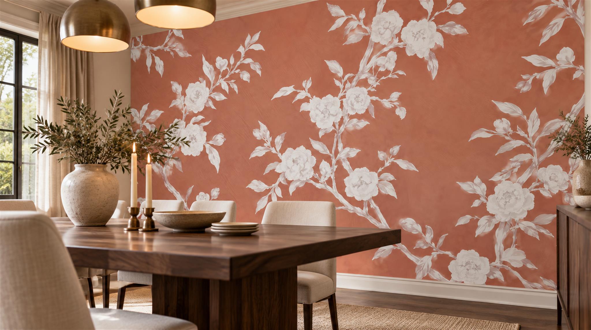 Red And Neutral Decorative Patterning Wallpaper Mural Layered Tones Dining-room-wallpaper-murals, Shown In A Dining Room, Peel-and-stick Finish