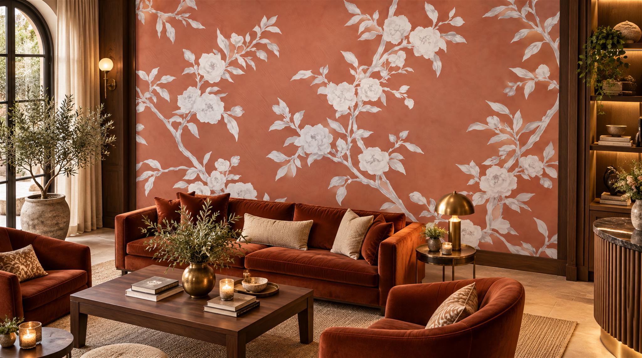 White Blossom Branches On Terracotta Wallpaper Mural — Wallpaper Mural Design, Peel-and-stick Finish